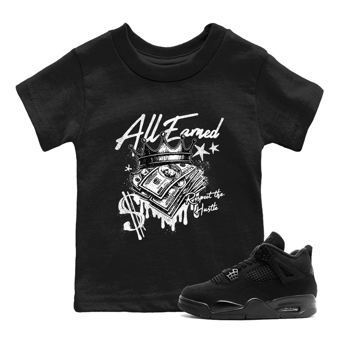 Best Sneakerfit graphic tee – Sneaker Tees To Match Air Jordan 4 Retro Black Cat Sneakers – All Earned Kids T-Shirt Black 1