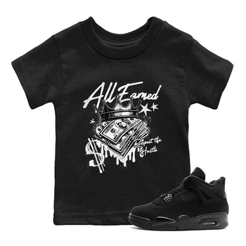 Best Sneakerfit graphic tee – Sneaker Tees To Match Air Jordan 4 Retro Black Cat Sneakers – All Earned Kids T-Shirt Black 1