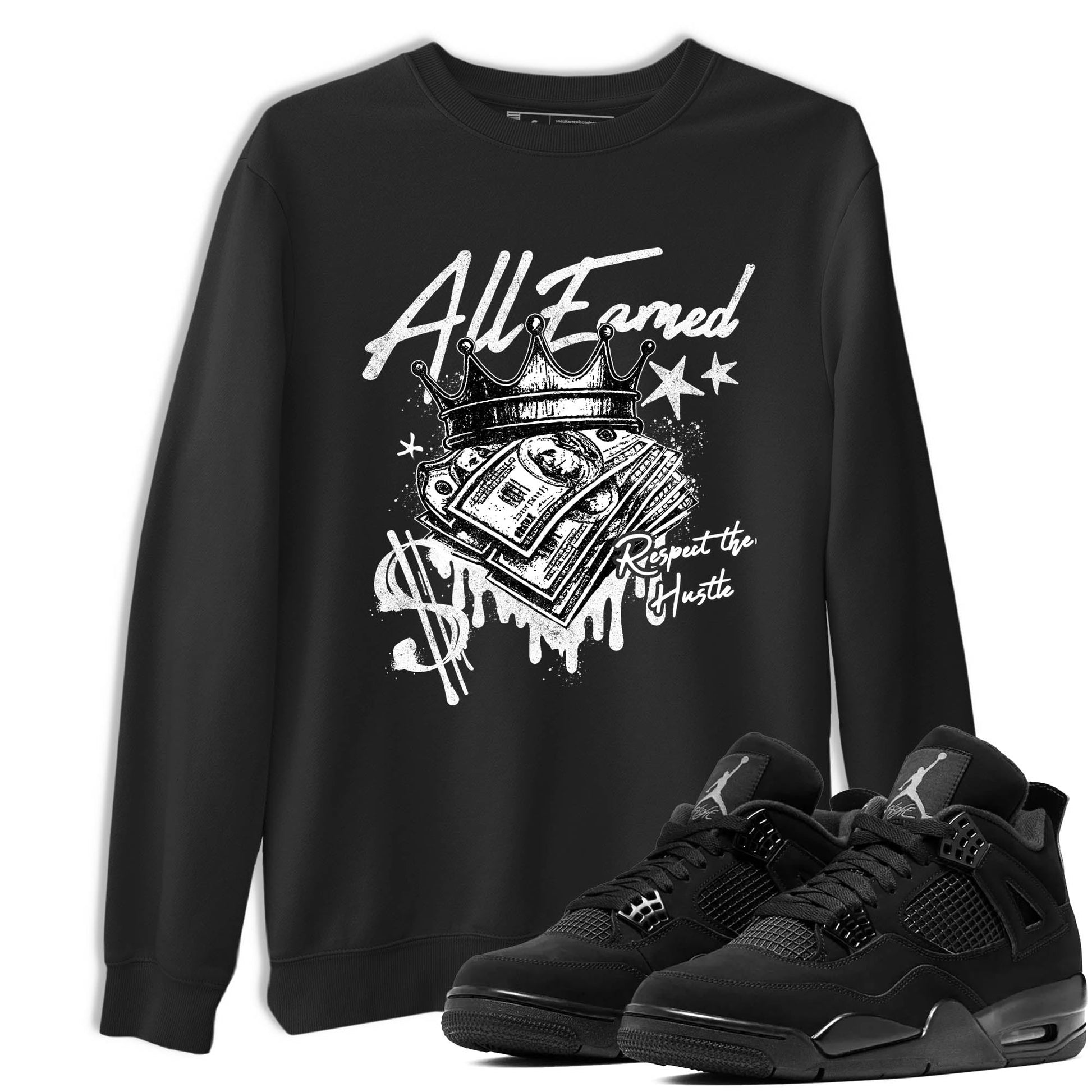 Best Sneakerfit graphic tee – Sneaker Tees To Match Air Jordan 4 Retro Black Cat Sneakers – All Earned Tee Black 1