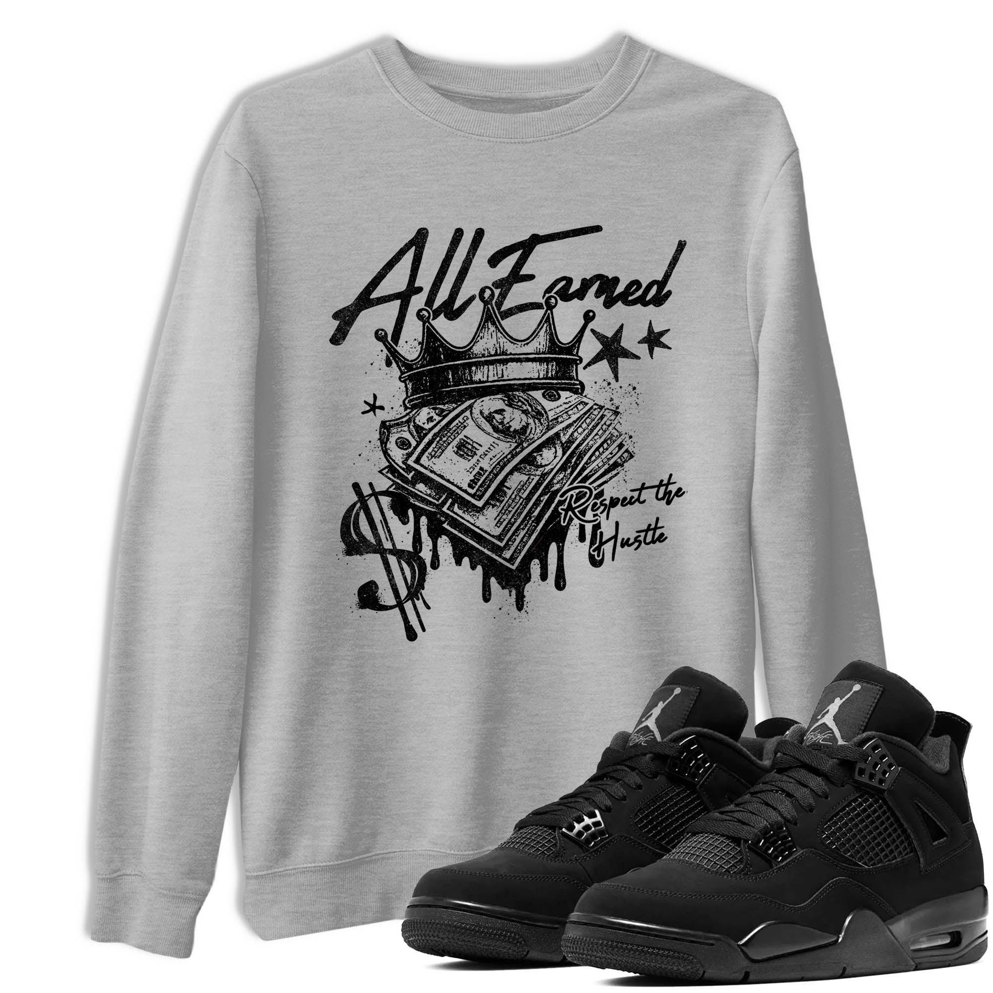Best Sneakerfit graphic tee – Sneaker Tees To Match Air Jordan 4 Retro Black Cat Sneakers – All Earned Tee Heather Grey 1