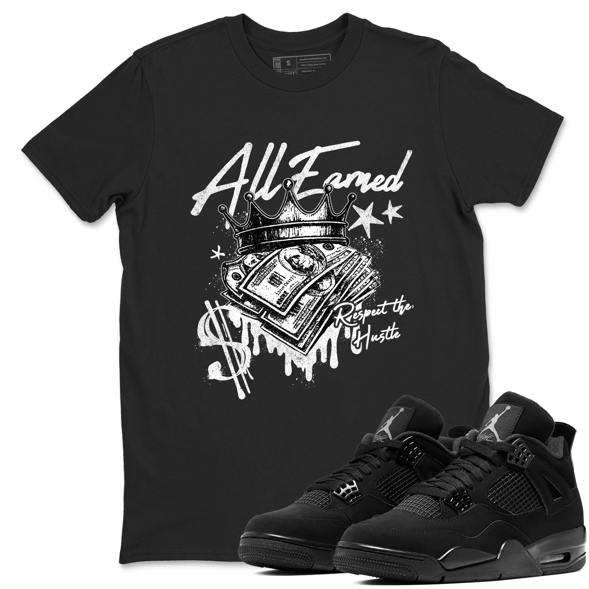 Best Sneakerfit graphic tee – Sneaker Tees To Match Air Jordan 4 Retro Black Cat Sneakers – All Earned Tee Black 1