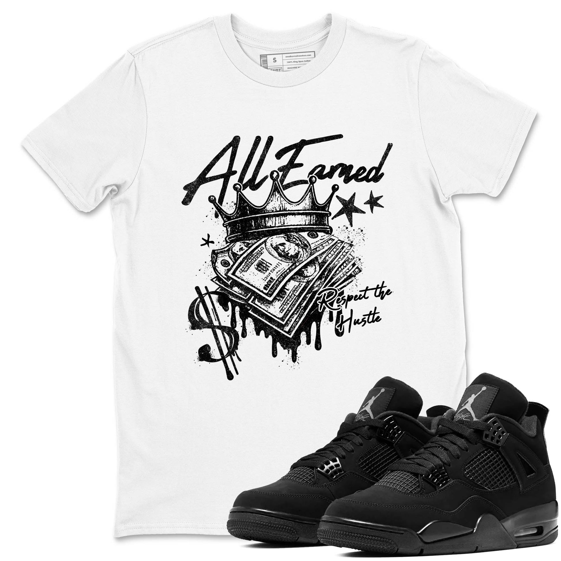 Best Sneakerfit graphic tee – Sneaker Tees To Match Air Jordan 4 Retro Black Cat Sneakers – All Earned Tee White 1