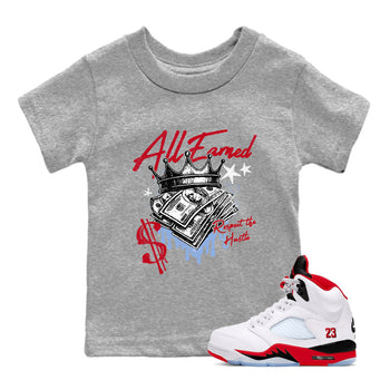 Sneaker match tees – Sneaker Tees To Match Air Jordan 5 Fire Red Shoes – All Earned Kids T-Shirt Heather Grey 1