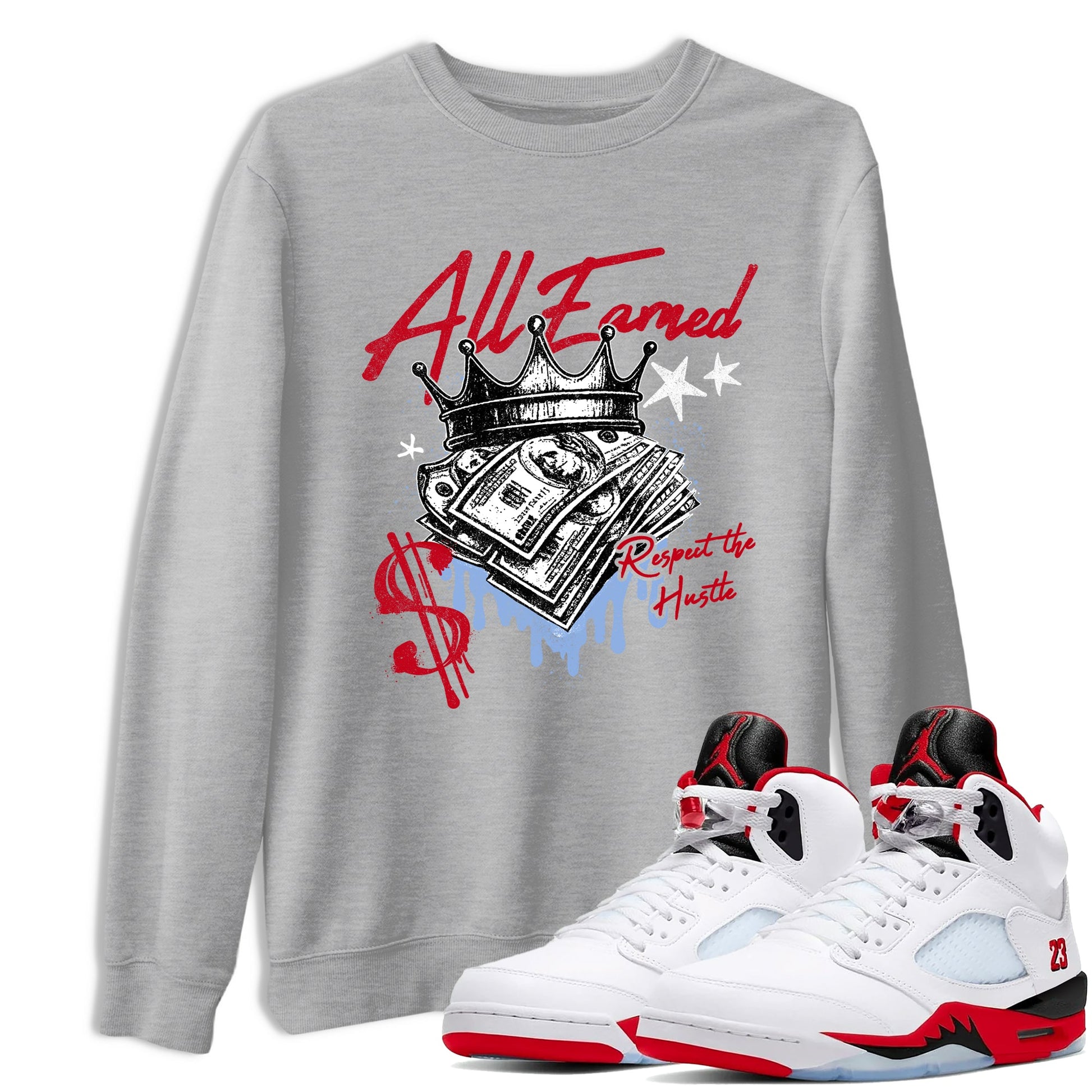 Sneaker match tees – Sneaker Tees To Match Air Jordan 5 Fire Red Shoes – All Earned Tee Heather Grey 1