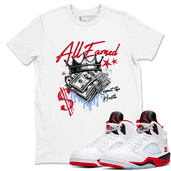 Sneaker match tees – Sneaker Tees To Match Air Jordan 5 Fire Red Shoes – All Earned Tee White 1