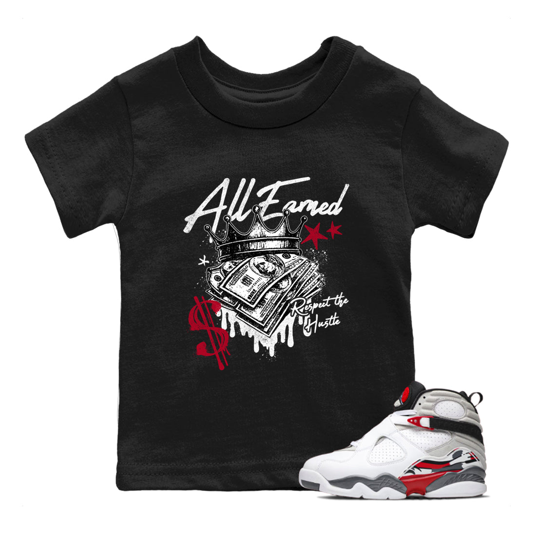 Sneaker match tees – Sneaker Tees To Match Air Jordan 8 Bunny Shoes Air Jordan 8 Bunny White and True Red – All Earned Kids T-Shirt Black 1