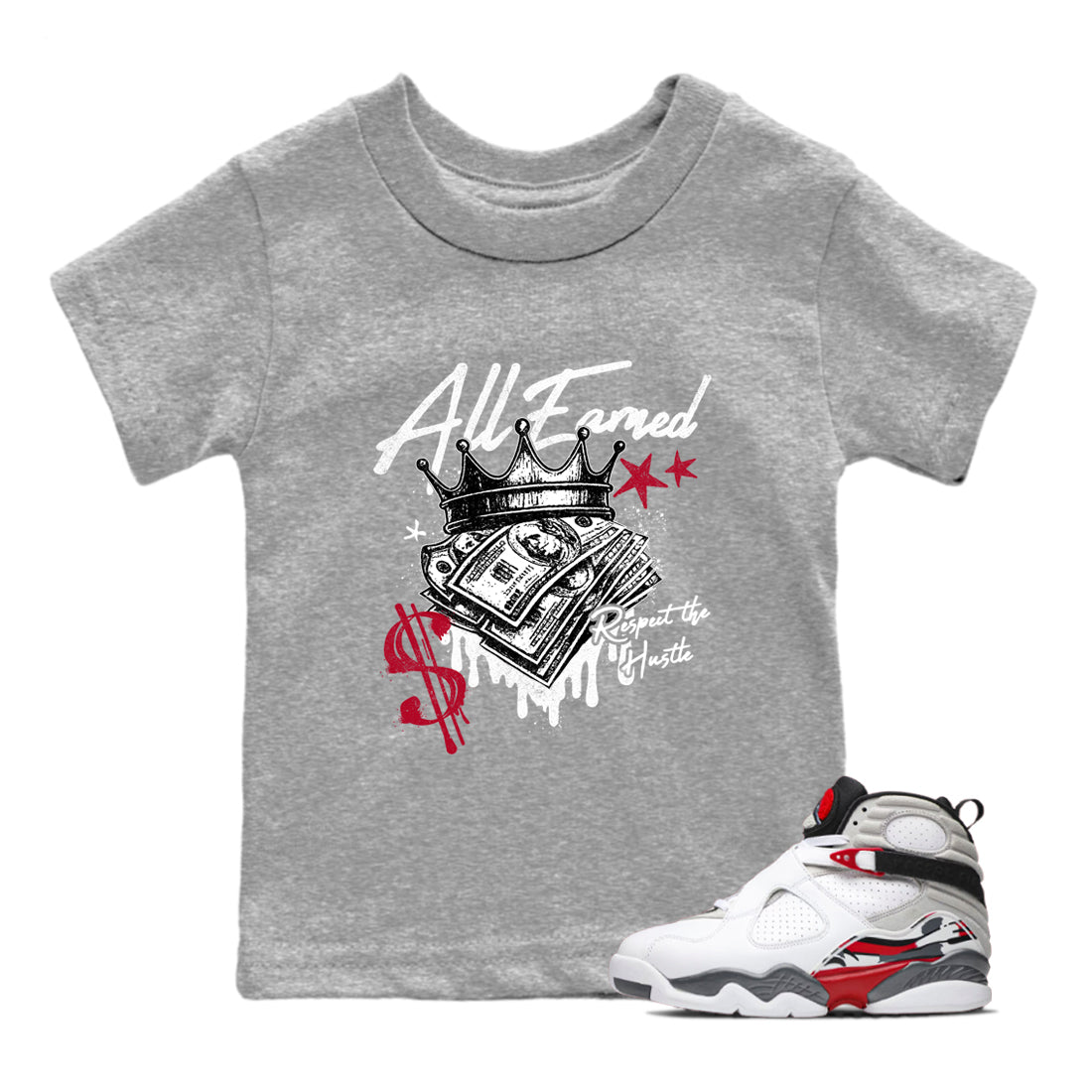 Sneaker match tees – Sneaker Tees To Match Air Jordan 8 Bunny Shoes Air Jordan 8 Bunny White and True Red – All Earned Kids T-Shirt Heather Grey 1