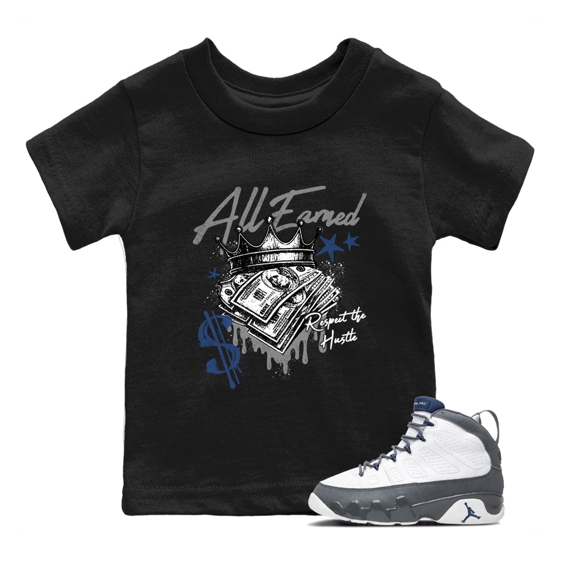 Sneaker match tees – Sneaker Tees To Match Air Jordan 9 Flint Grey Shoes – All Earned Kids T-Shirt Black 1