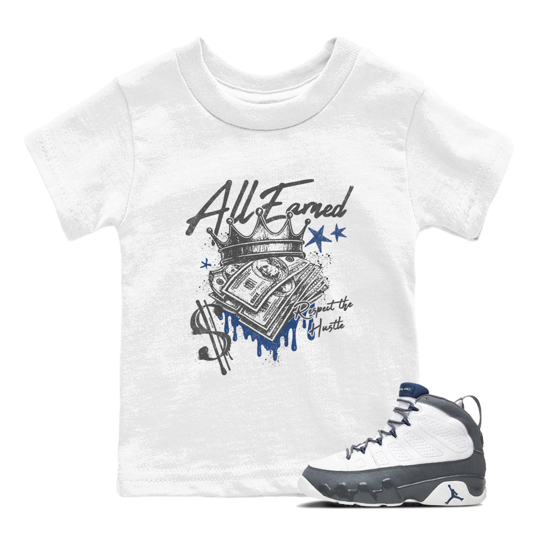 Sneaker match tees – Sneaker Tees To Match Air Jordan 9 Flint Grey Shoes – All Earned Kids T-Shirt White 1