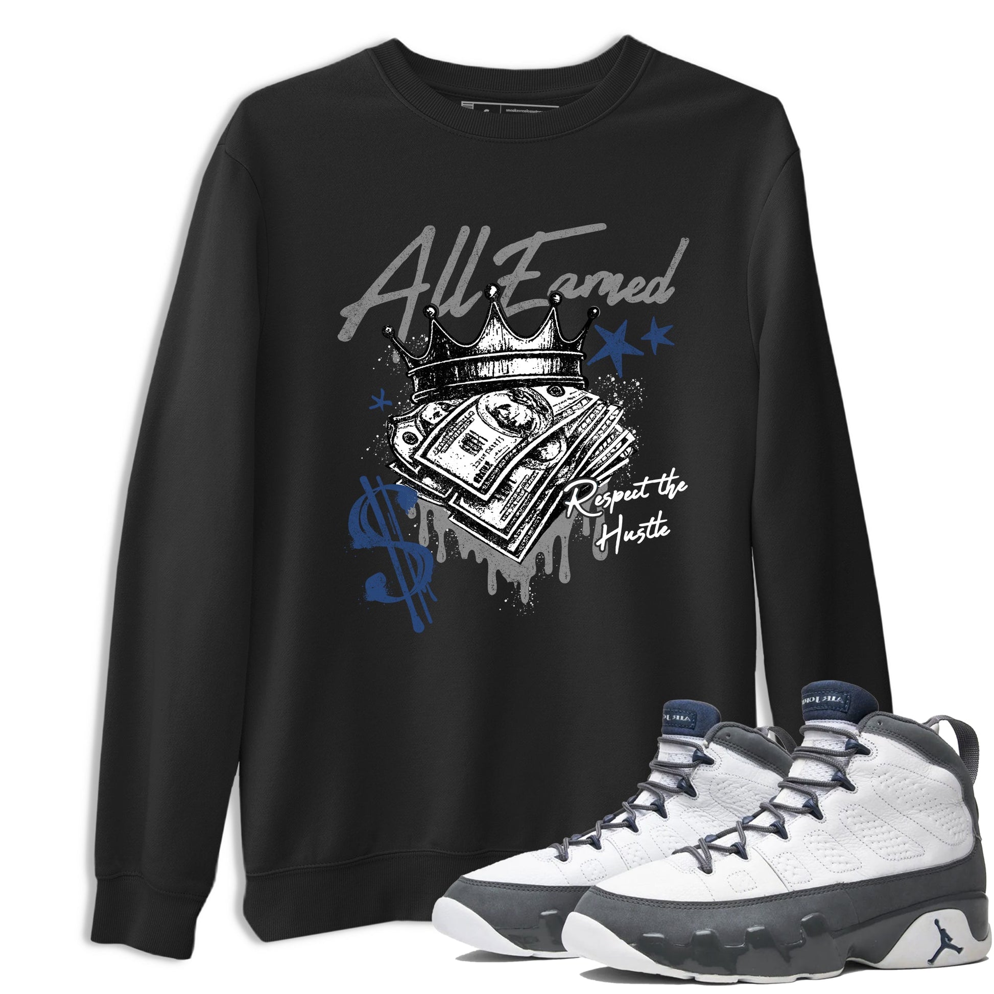 Sneaker match tees – Sneaker Tees To Match Air Jordan 9 Flint Grey Shoes – All Earned Tee Black 1