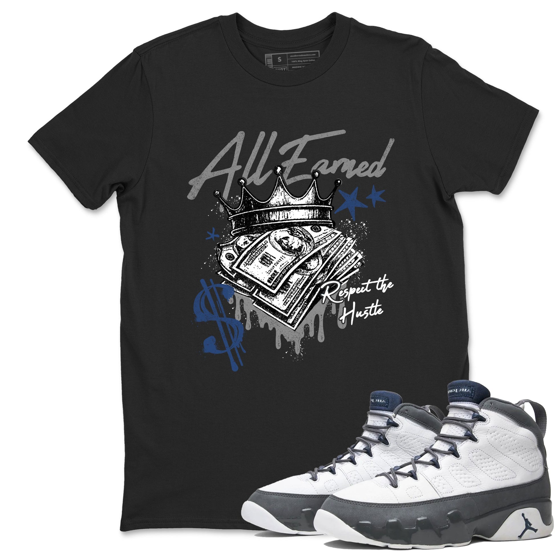 Sneaker match tees – Sneaker Tees To Match Air Jordan 9 Flint Grey Shoes – All Earned Tee Black 1