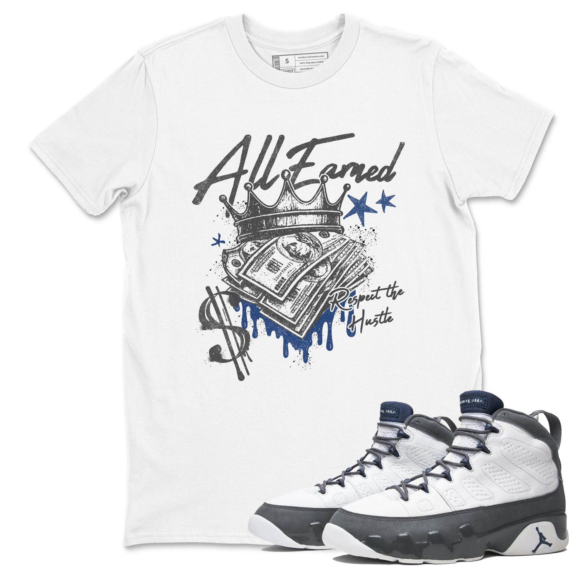 Sneaker match tees – Sneaker Tees To Match Air Jordan 9 Flint Grey Shoes – All Earned Tee White 1