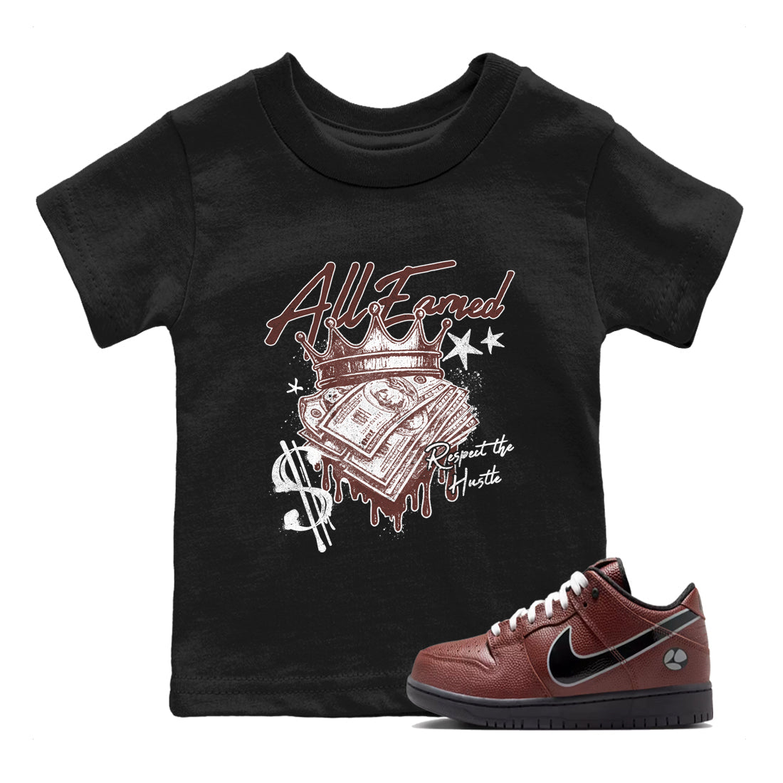 Sneaker match tees – Sneaker Tees To Match Dunk Low Football Shoes – All Earned Kids T-Shirt Black 1