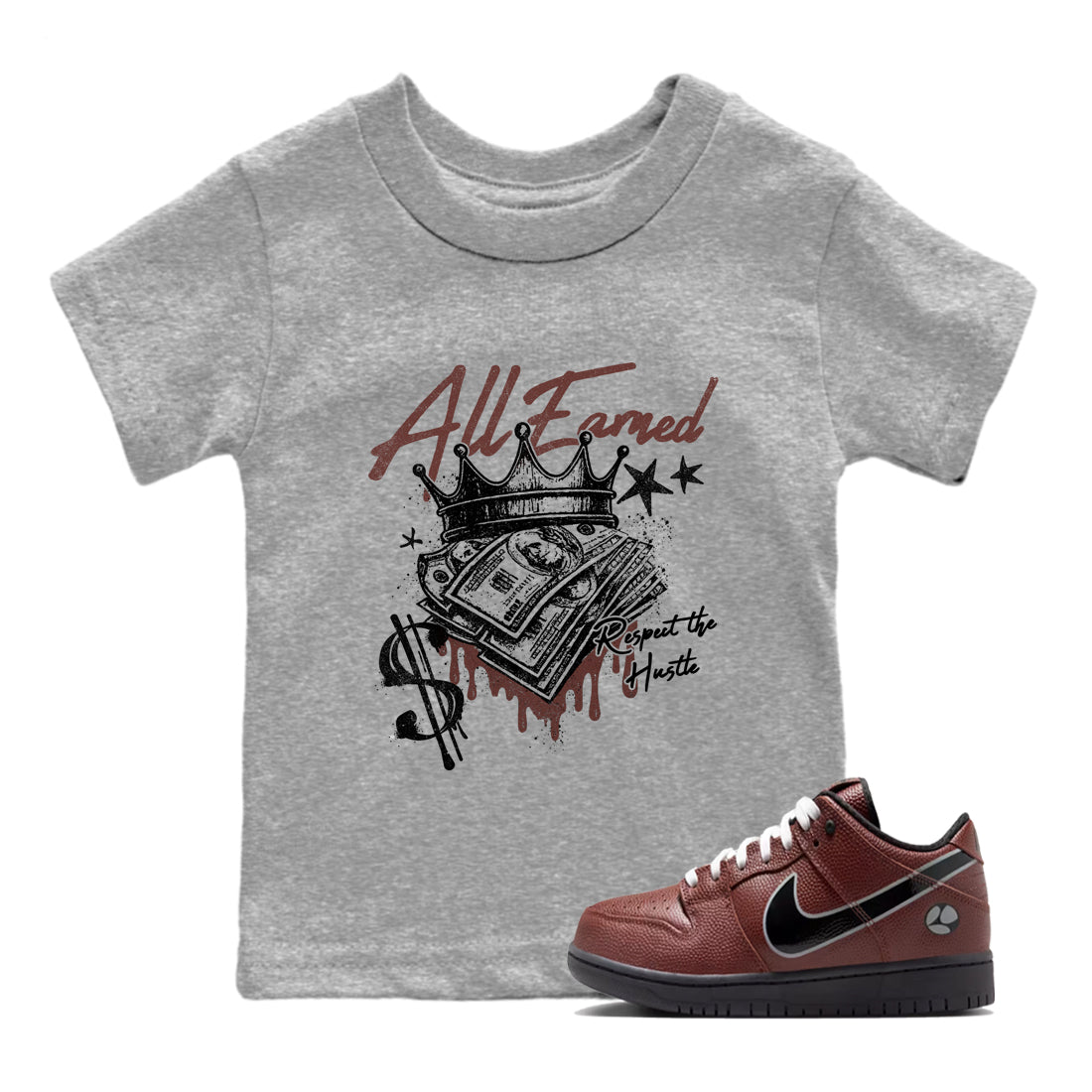 Sneaker match tees – Sneaker Tees To Match Dunk Low Football Shoes – All Earned Kids T-Shirt Heather Grey 1