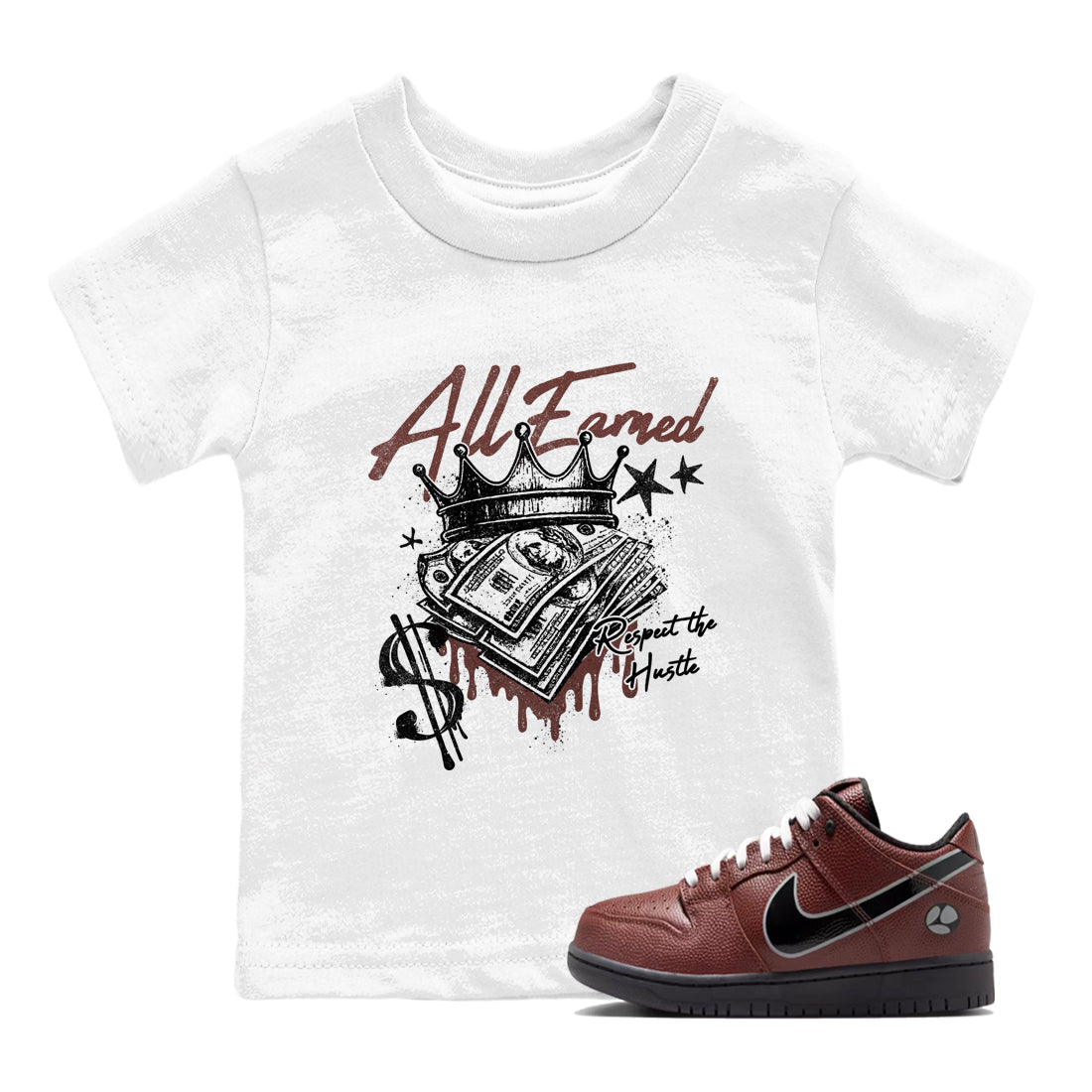Sneaker match tees – Sneaker Tees To Match Dunk Low Football Shoes – All Earned Kids T-Shirt White 1