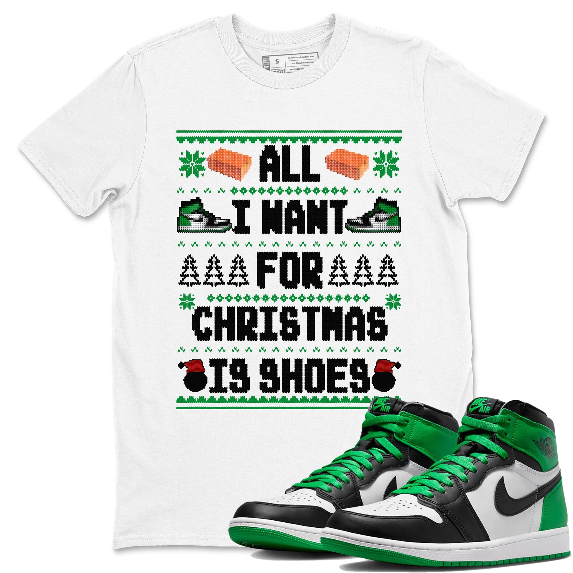 Air Jordan 1 Celtics t shirts to match sneakers Special Christmas Shirts All I Want For Christmas Is Shoes sneaker match tees Jordan 1 High OG Celtics sneaker match tee SNRT Sneaker Tees unisex cotton White 1 shirts