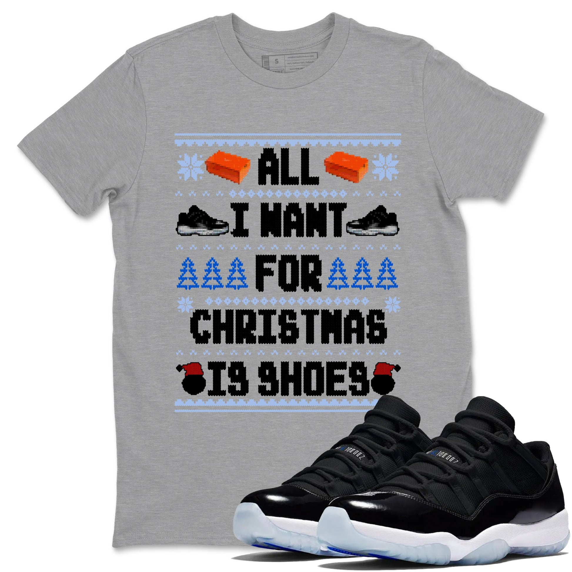 Jordan 11 Low Space Jam t shirts to match sneakers Special Christmas Shirts All I Want For Christmas Is Shoes sneaker match tees Air Jordan 11 Black and Varsity Royal sneaker match tee SNRT Sneaker Tees unisex cotton Heather Grey 1 shirts