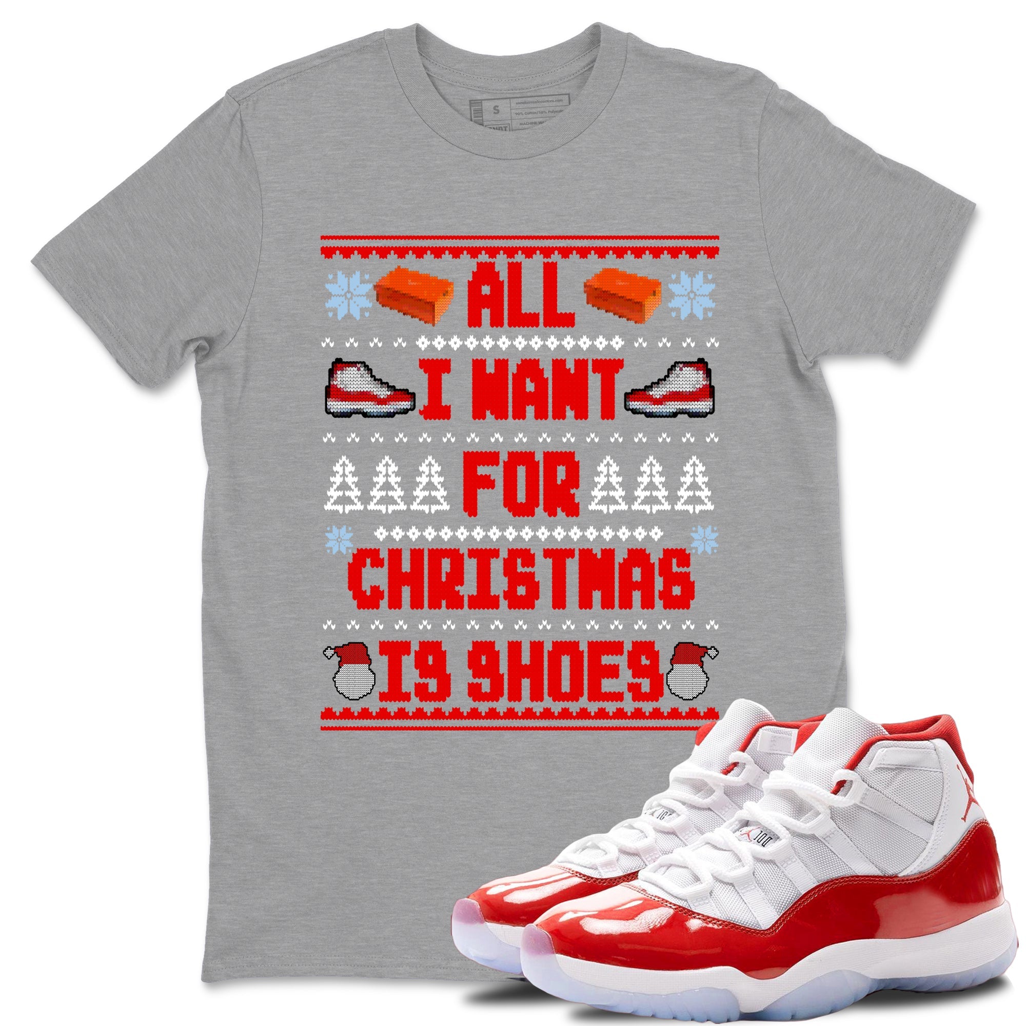 Retro 11s Cherry t shirts to match sneakers Special Christmas Shirts All I Want For Christmas Is Shoes sneaker match tees Air Jordan 11 Cherry sneaker match tee SNRT Sneaker Tees unisex cotton Heather Grey 1 shirts