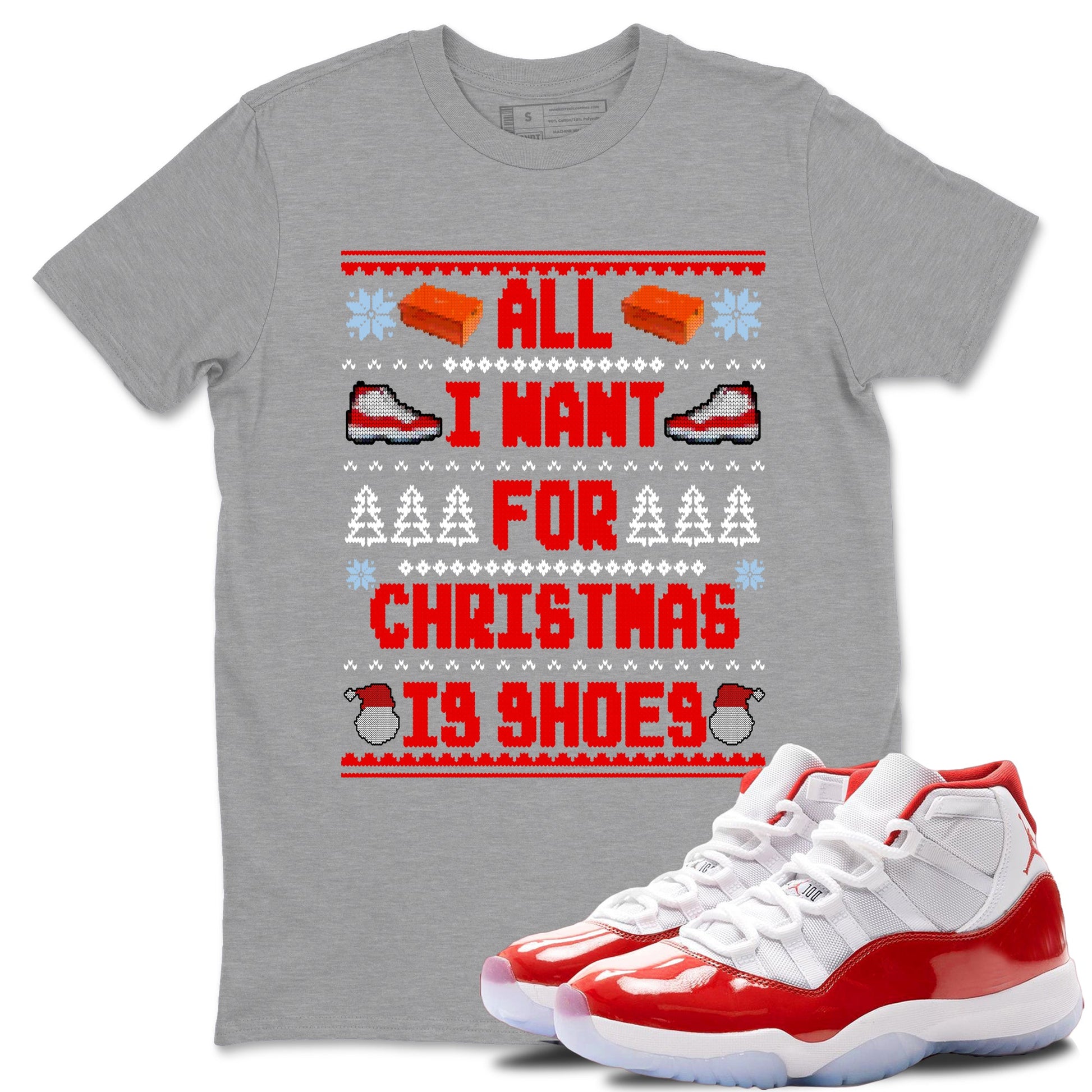 Retro 11s Cherry t shirts to match sneakers Special Christmas Shirts All I Want For Christmas Is Shoes sneaker match tees Air Jordan 11 Cherry sneaker match tee SNRT Sneaker Tees unisex cotton Heather Grey 1 shirts