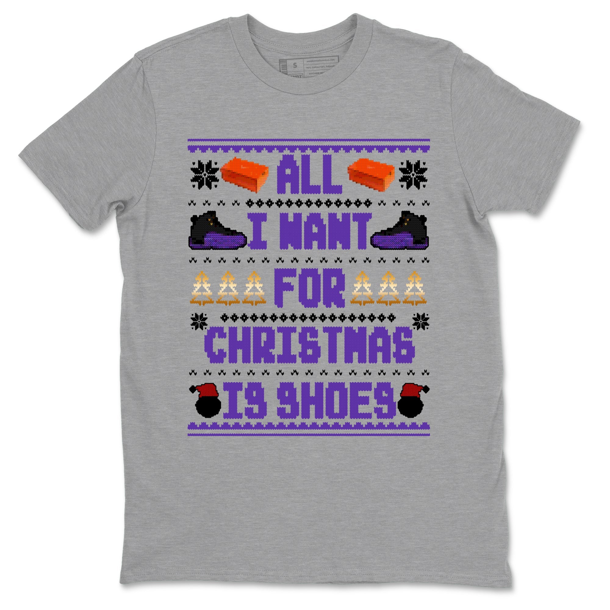 12s Retro Field Purple t shirts to match sneakers Special Christmas Shirts All I Want For Christmas Is Shoes sneaker match tees Air Jordan 12 Field Purple sneaker match tee SNRT Sneaker Tees unisex cotton Heather Grey 2 shirts