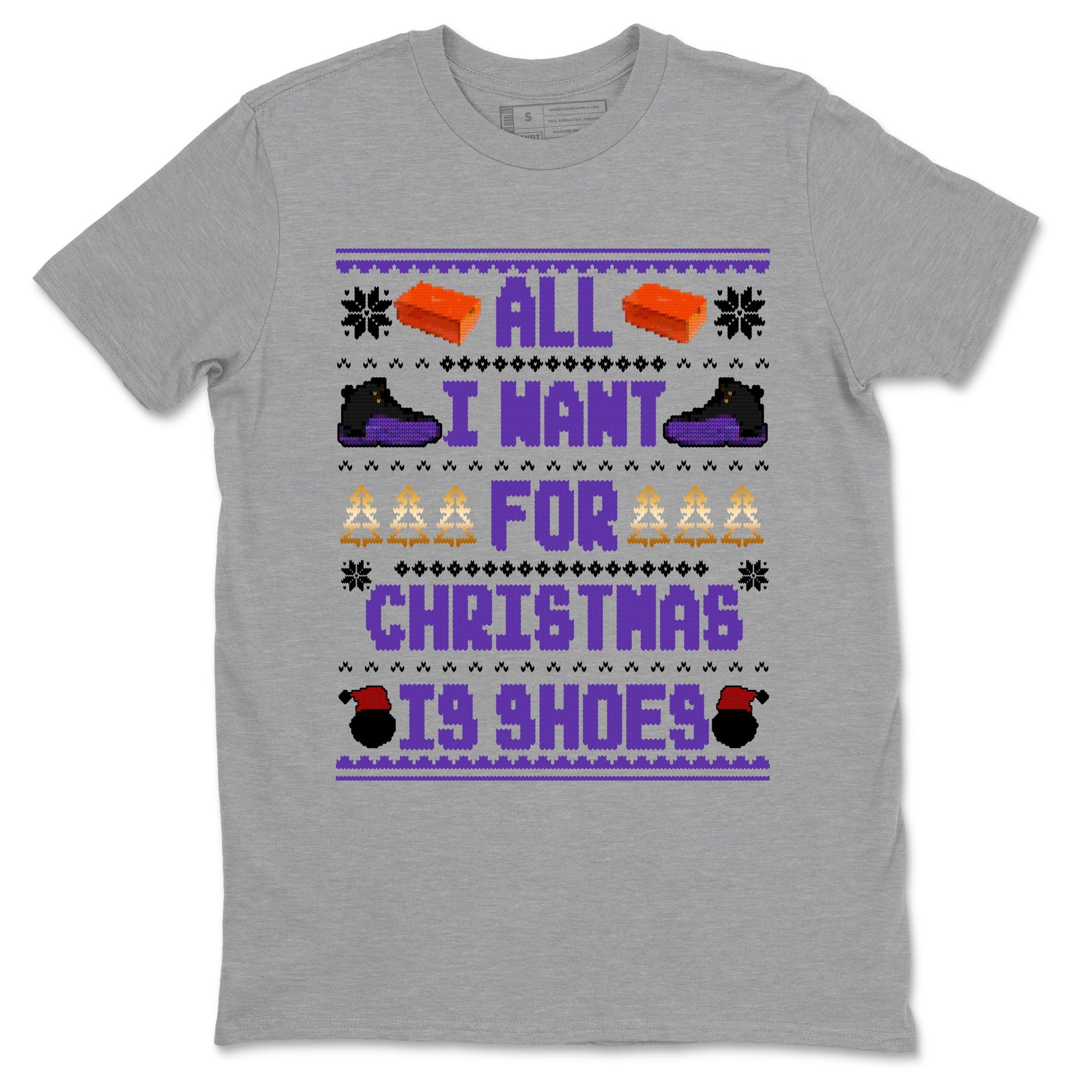 12s Retro Field Purple t shirts to match sneakers Special Christmas Shirts All I Want For Christmas Is Shoes sneaker match tees Air Jordan 12 Field Purple sneaker match tee SNRT Sneaker Tees unisex cotton Heather Grey 2 shirts