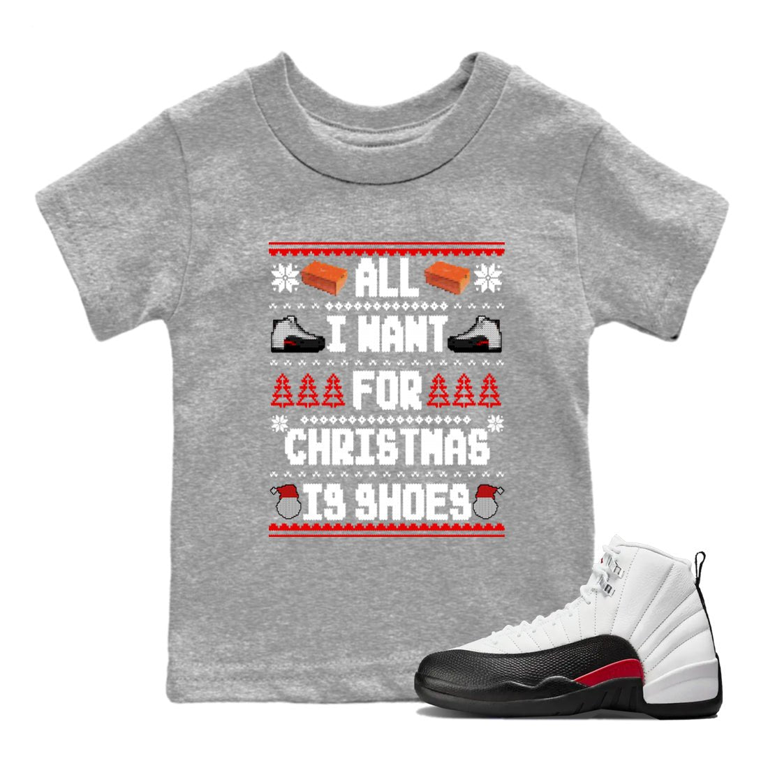 12s Taxi Flip t shirts to match sneakers Special Christmas Shirts All I Want For Christmas Is Shoes sneaker match tees Air Jordan 12 Taxi Flip sneaker match tee SNRT Sneaker Tees Youth Baby Heather Grey 1 tee