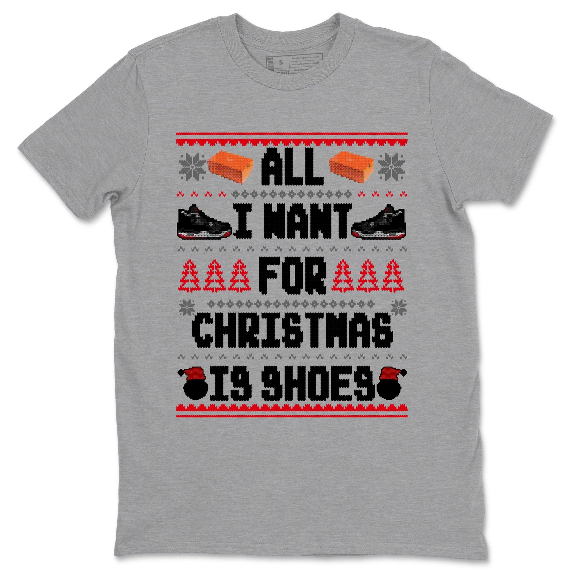 4s Bred Reimagined t shirts to match sneakers Special Christmas Shirts All I Want For Christmas Is Shoes sneaker match tees Air Jordan 4 Bred Reimagined sneaker match tee SNRT Sneaker Tees unisex cotton Heather Grey 2 shirts