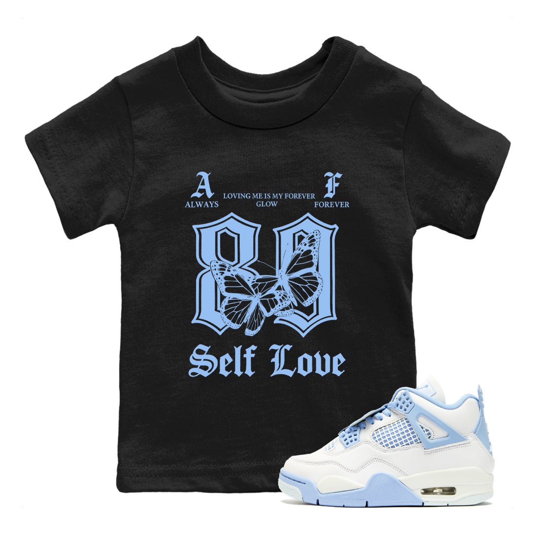 Always Forever baby and kids t-shirt crafted for little sneakerheads to shine with the Air Jordan 4 Aluminum sneakers, displayed in Black 1.
