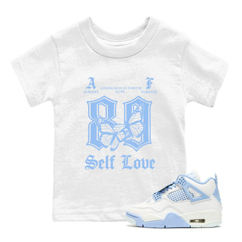 Always Forever baby and kids t-shirt crafted for little sneakerheads to shine with the Air Jordan 4 Aluminum sneakers, displayed in White 1.
