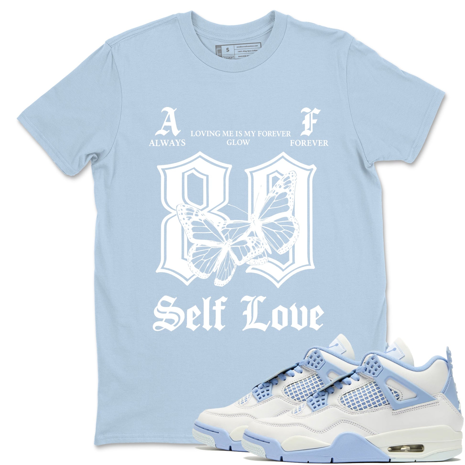 Always Forever sneaker match t-shirt styled to complete your fit with the Air Jordan 4 Aluminum sneakers, shown in Light Blue 1.