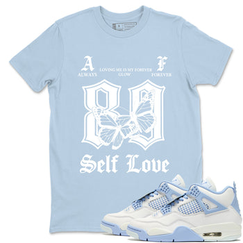 Always Forever sneaker match t-shirt styled to complete your fit with the Air Jordan 4 Aluminum sneakers, shown in Light Blue 1.