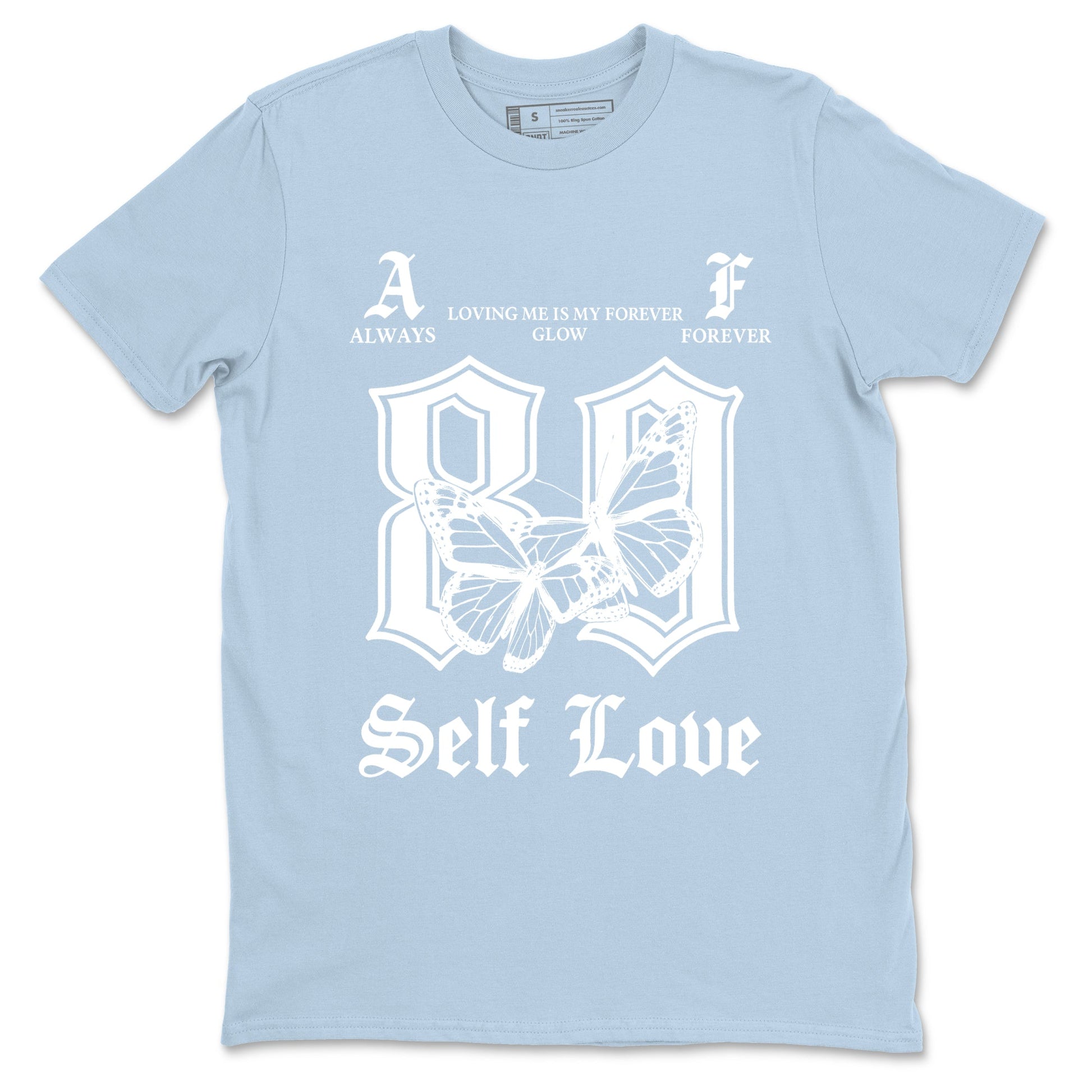 Always Forever sneaker match t-shirt styled to complete your fit with the Air Jordan 4 Aluminum sneakers, shown in Light Blue 2.