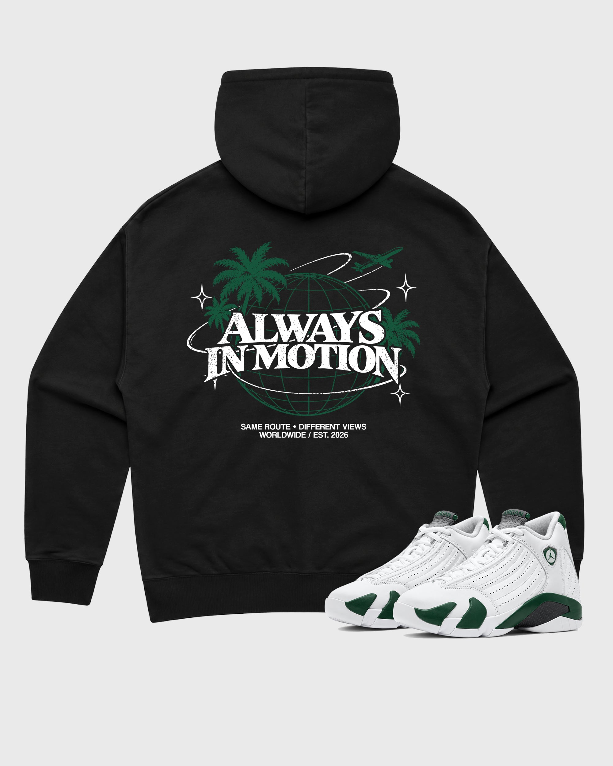 Always In Motion Black Graphic Hoodie - 1, a sneaker matching hoodie designed to pair with AJ14 Forest Green sneakers for a coordinated sneaker outfit.