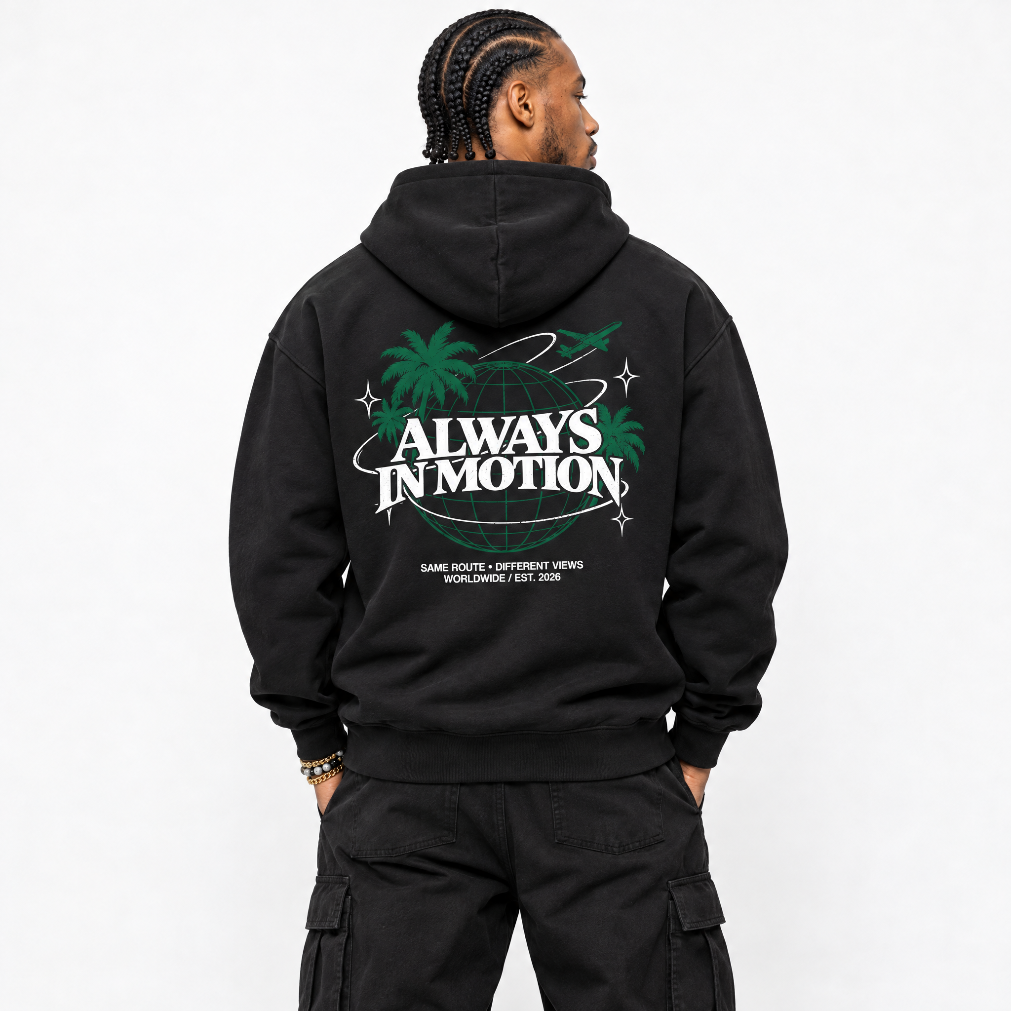 Always In Motion Black Graphic Hoodie - 1, a sneaker matching hoodie designed to pair with AJ14 Forest Green sneakers for a coordinated sneaker outfit.
