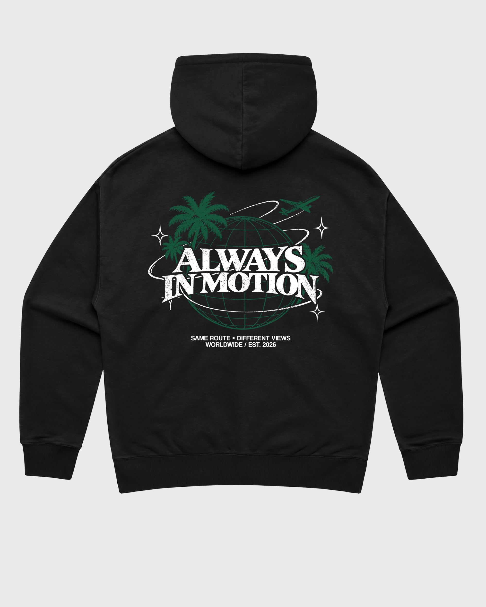 Always In Motion Black Graphic Hoodie - 1, a sneaker matching hoodie designed to pair with AJ14 Forest Green sneakers for a coordinated sneaker outfit.