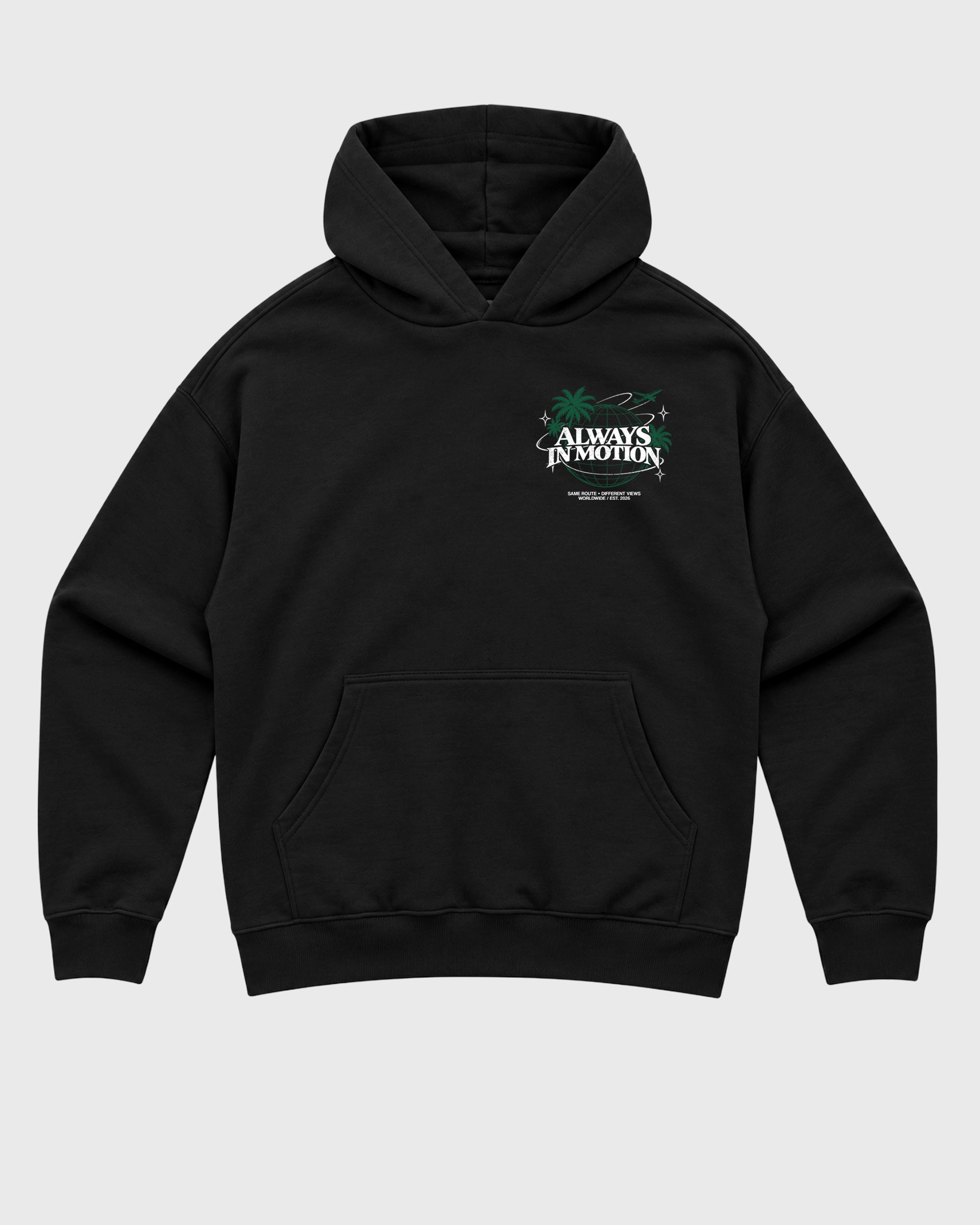 Always In Motion Black Graphic Hoodie - 2, featuring original SNRT streetwear artwork created to complement AJ14 Forest Green sneakers with an easy everyday fit.