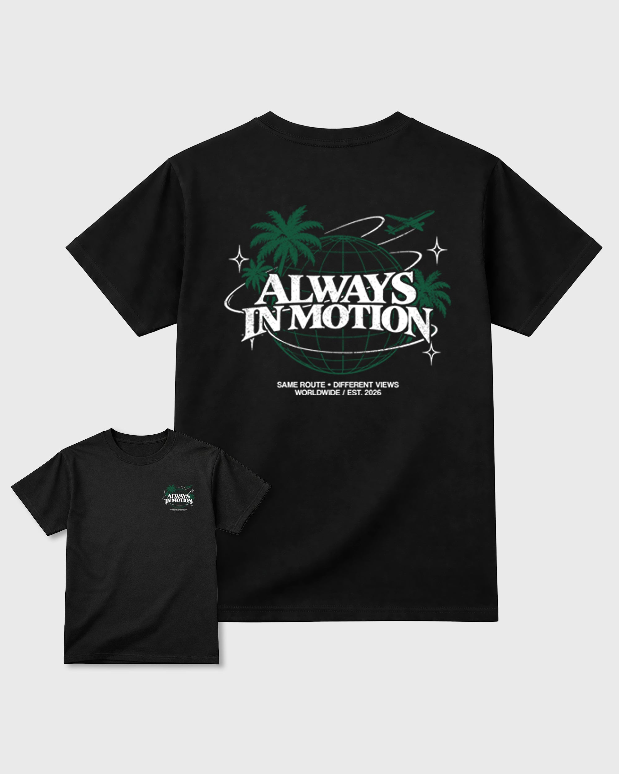 Always In Motion Black Graphic T-Shirt - 3, sneaker matching shirt designed to pair with AJ14 Forest Green sneakers for a coordinated streetwear outfit.