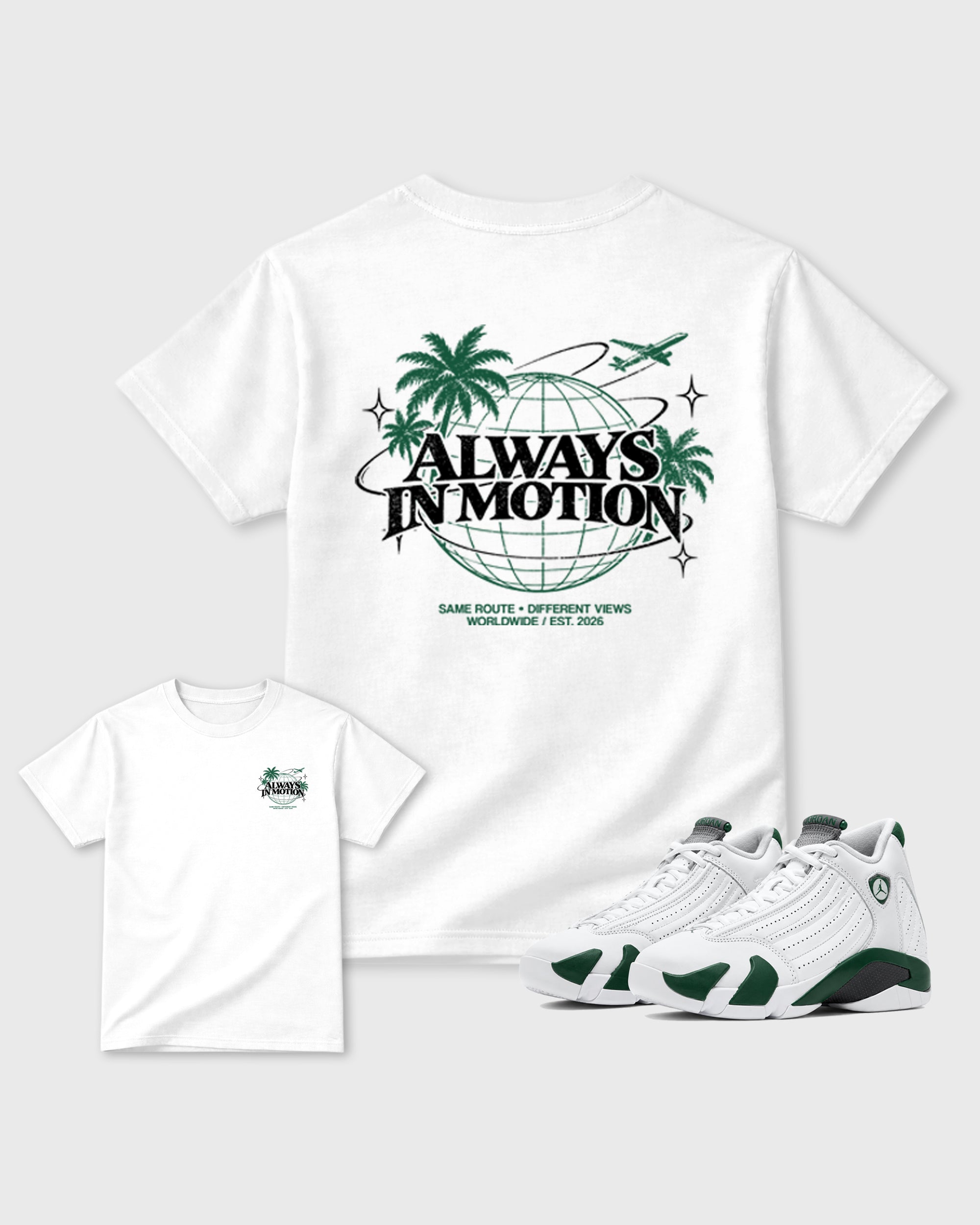 Always In Motion White Graphic T-Shirt - 1, sneaker matching tee designed to match AJ14 Forest Green sneakers for a coordinated sneaker outfit.