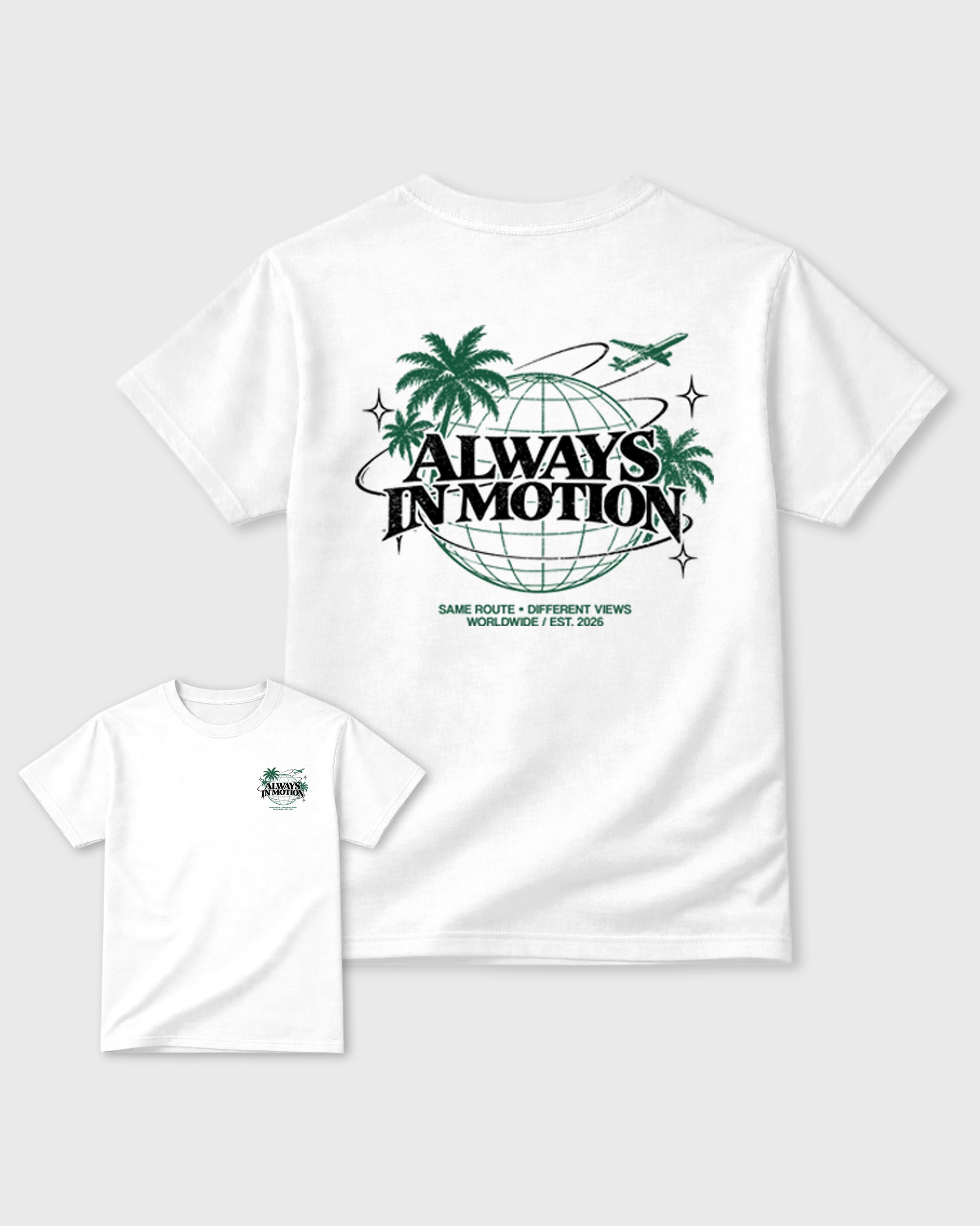 Always In Motion White Graphic T-Shirt - 3, sneaker matching shirt designed to pair with AJ14 Forest Green sneakers for a coordinated streetwear outfit.