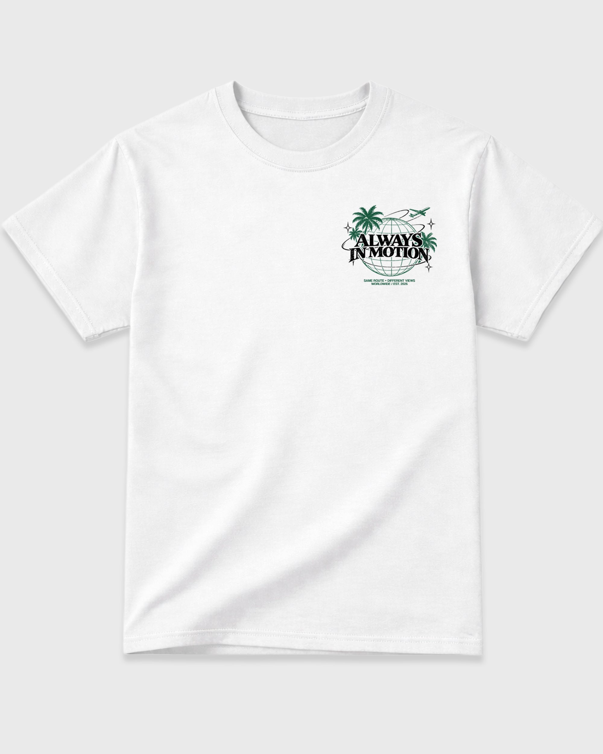 Always In Motion White Graphic T-Shirt - 3, sneaker matching shirt designed to pair with AJ14 Forest Green sneakers for a coordinated streetwear outfit.