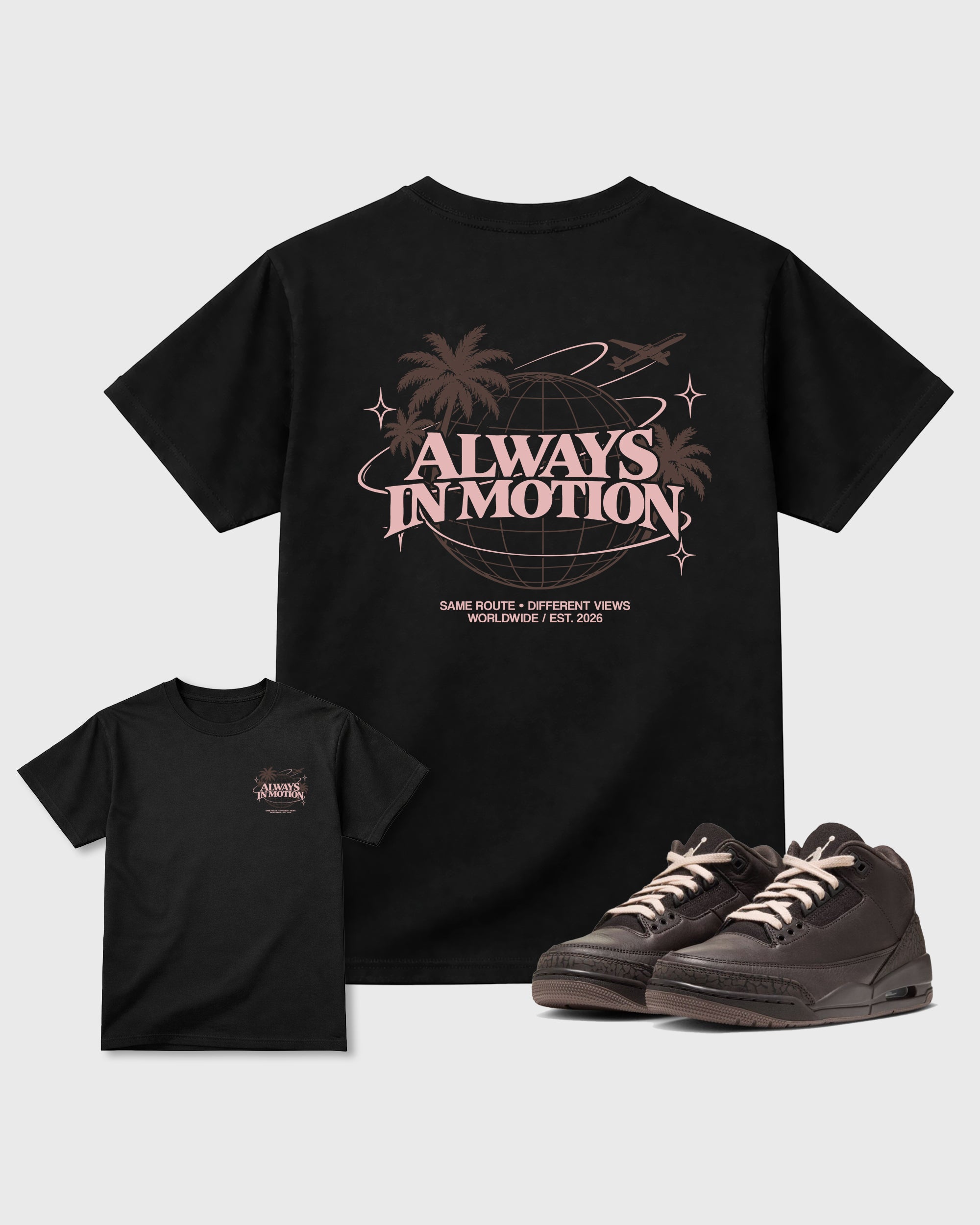 Always In Motion Black Front & Back Graphic T-Shirt - 3, sneaker matching shirt designed to pair with Air Jordan 3 Fireside sneakers for a coordinated streetwear outfit.