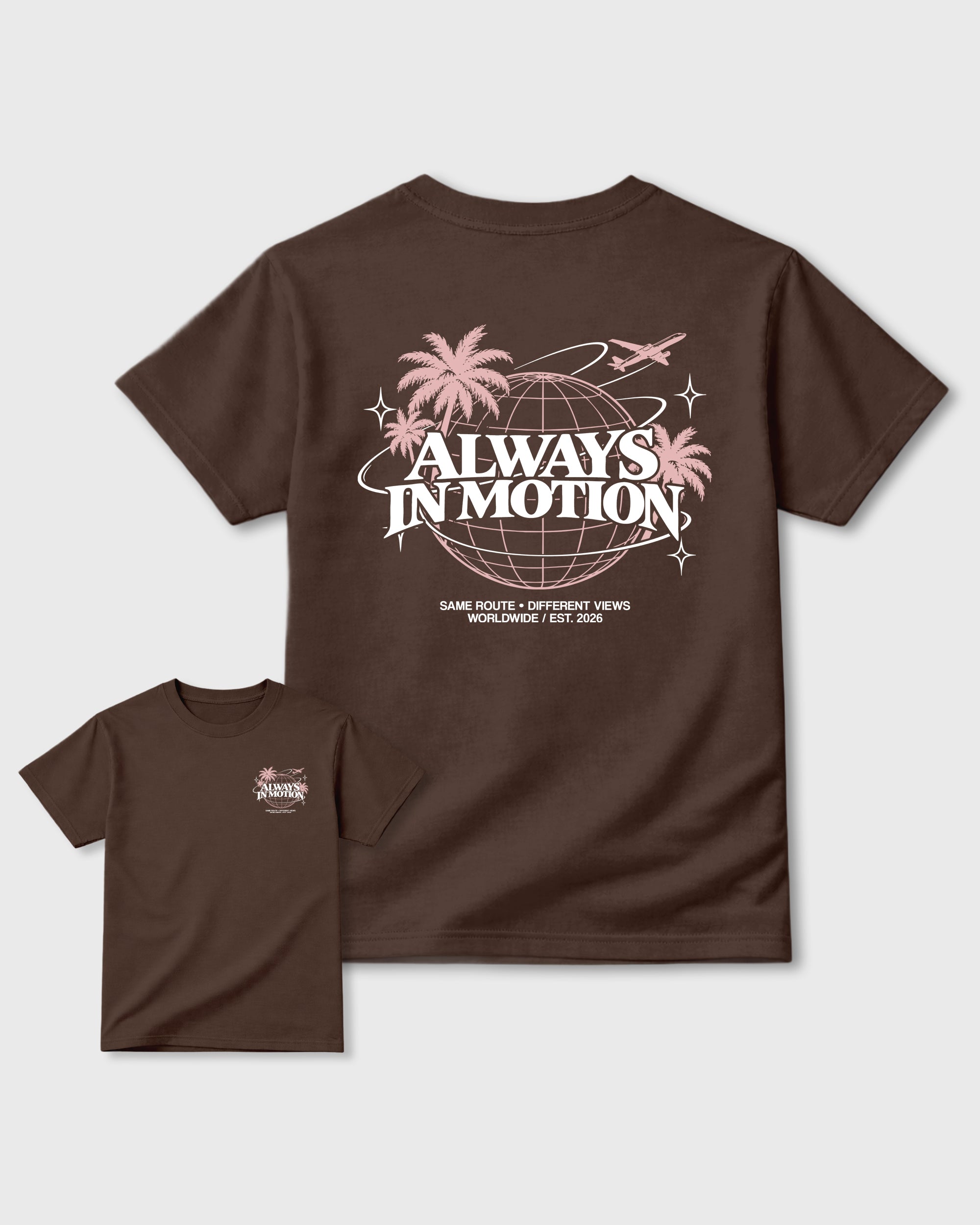 Always In Motion Dark Chocolate Front & Back Graphic T-Shirt - 3, sneaker matching shirt designed to pair with Air Jordan 3 Fireside sneakers for a coordinated streetwear outfit.