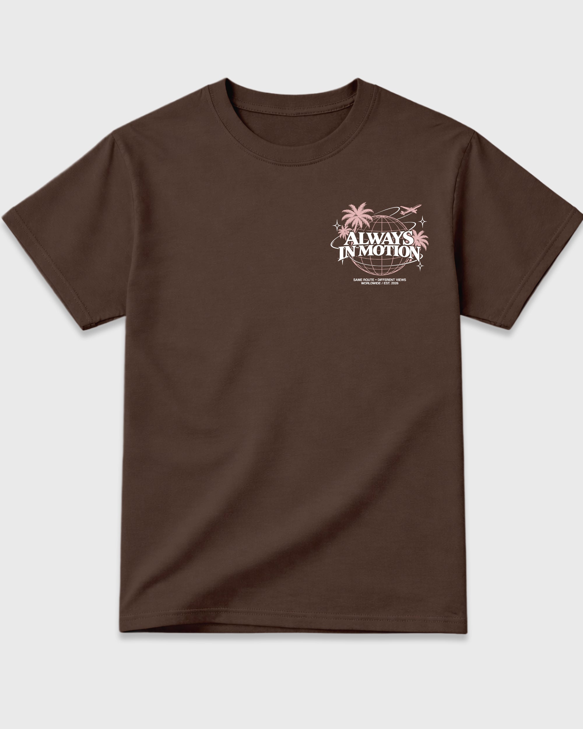 Always In Motion Dark Chocolate Front & Back Graphic T-Shirt - 3, sneaker matching shirt designed to pair with Air Jordan 3 Fireside sneakers for a coordinated streetwear outfit.