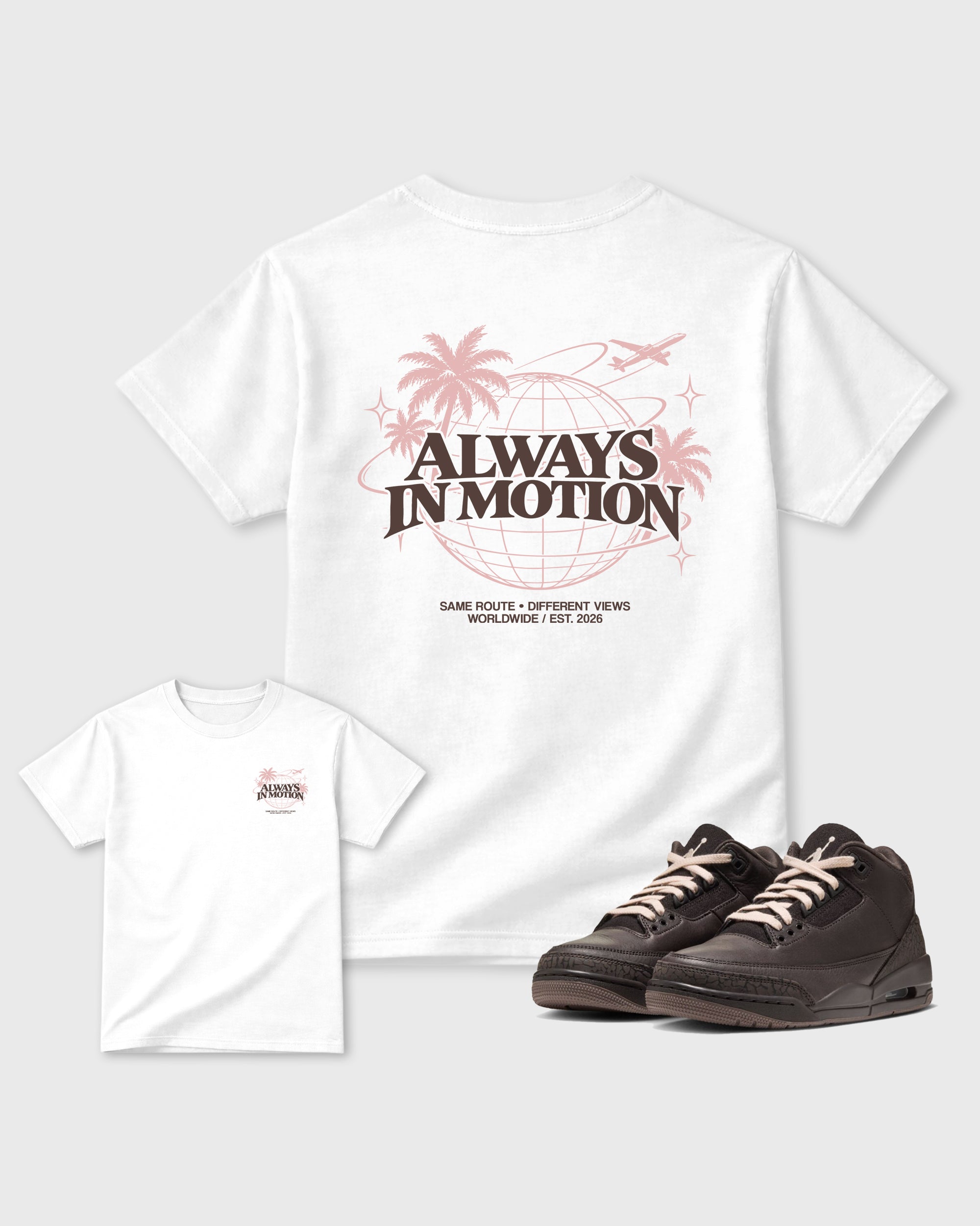 Always In Motion White Front & Back Graphic T-Shirt - 1, sneaker matching tee designed to match Air Jordan 3 Fireside sneakers for a coordinated sneaker outfit.