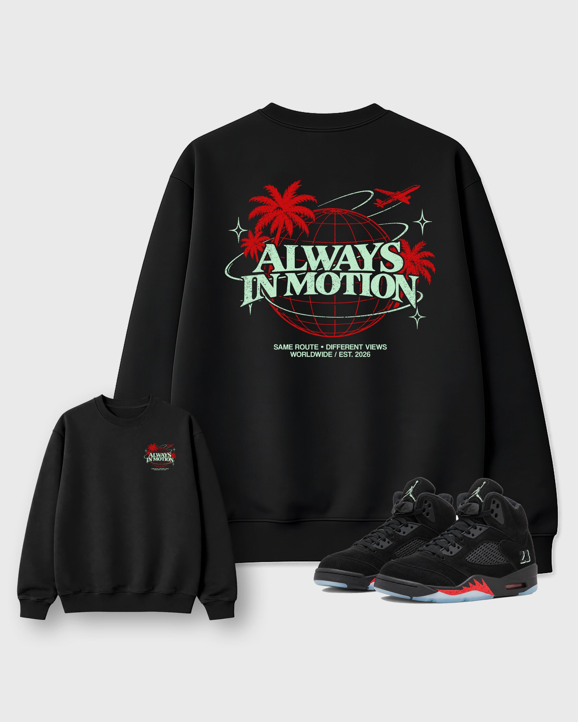 Always In Motion Black Graphic Sweatshirt - 1, a sneaker matching sweatshirt designed to coordinate with Air Jordan 5 Retro Halloween sneakers for a complete sneaker outfit.