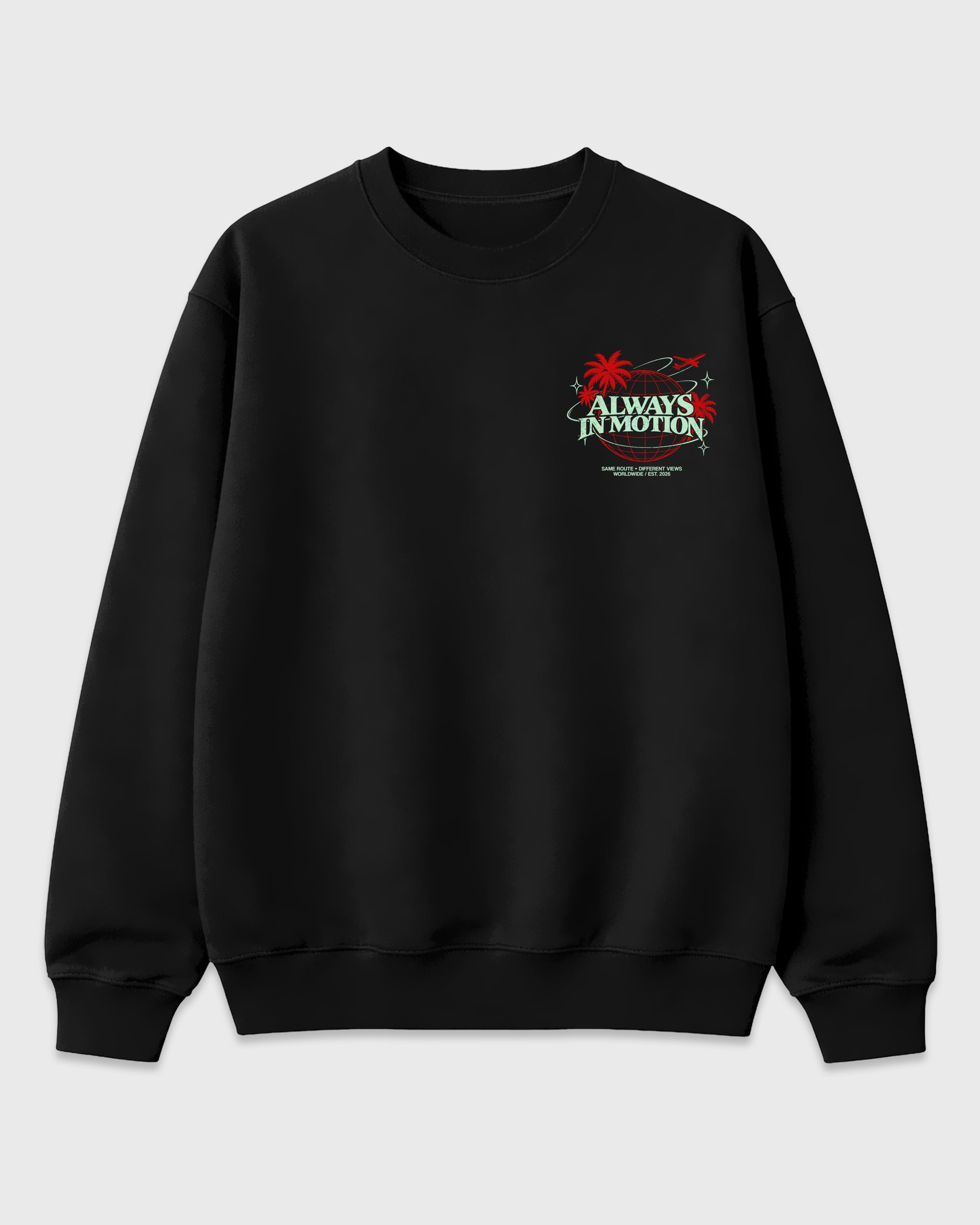 Always In Motion Black Graphic Sweatshirt - 3, a graphic streetwear sweatshirt inspired by Air Jordan 5 Retro Halloween sneakers for an easy coordinated sneaker fit.