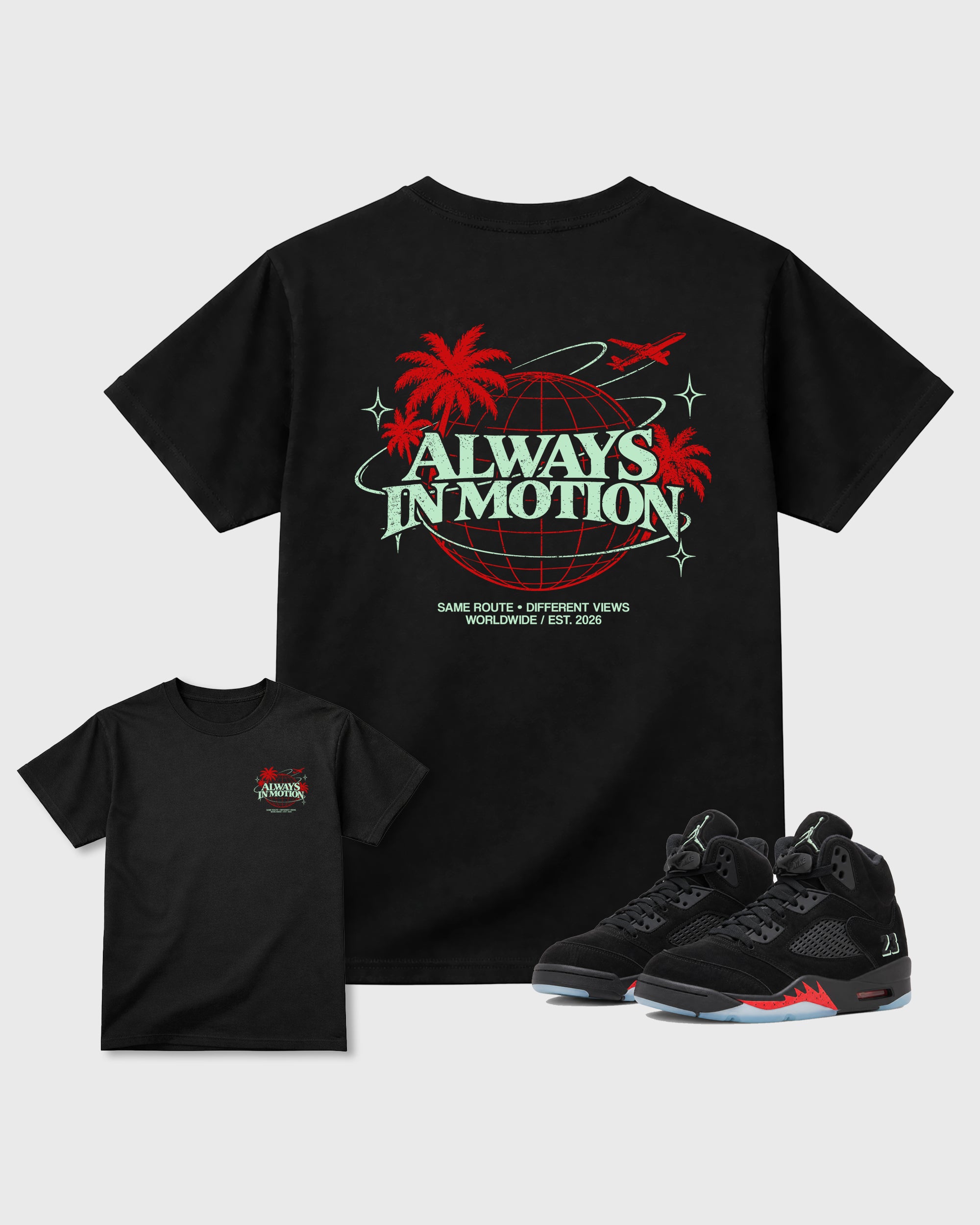 Always In Motion Black Front & Back Graphic T-Shirt - 1, sneaker matching tee designed to match Air Jordan 5 Retro Halloween sneakers for a coordinated sneaker outfit.