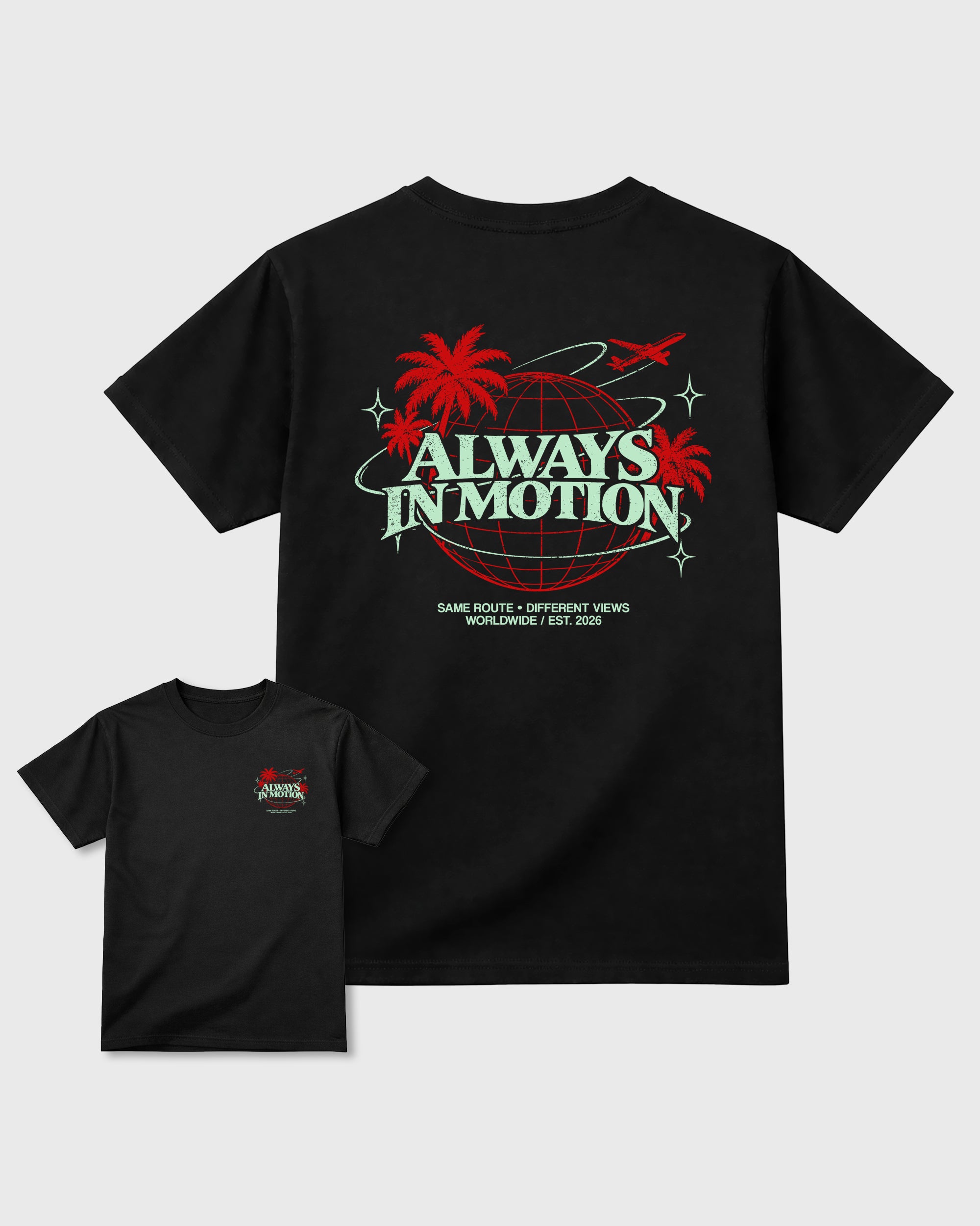 Always In Motion Black Front & Back Graphic T-Shirt - 3, sneaker matching shirt designed to pair with Air Jordan 5 Retro Halloween sneakers for a coordinated streetwear outfit.