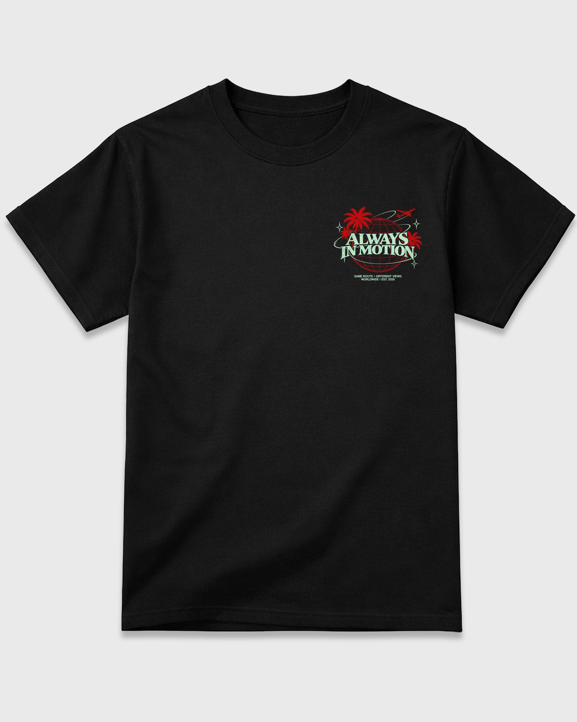 Always In Motion Black Front & Back Graphic T-Shirt - 3, sneaker matching shirt designed to pair with Air Jordan 5 Retro Halloween sneakers for a coordinated streetwear outfit.