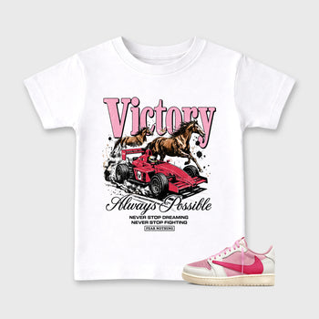 Always Possible affordable baby and kids t-shirt designed to match the Air Jordan 1 Travis Scott Tropical Pink, featuring coordinated White 1 options for the perfect little sneakerhead streetwear look.